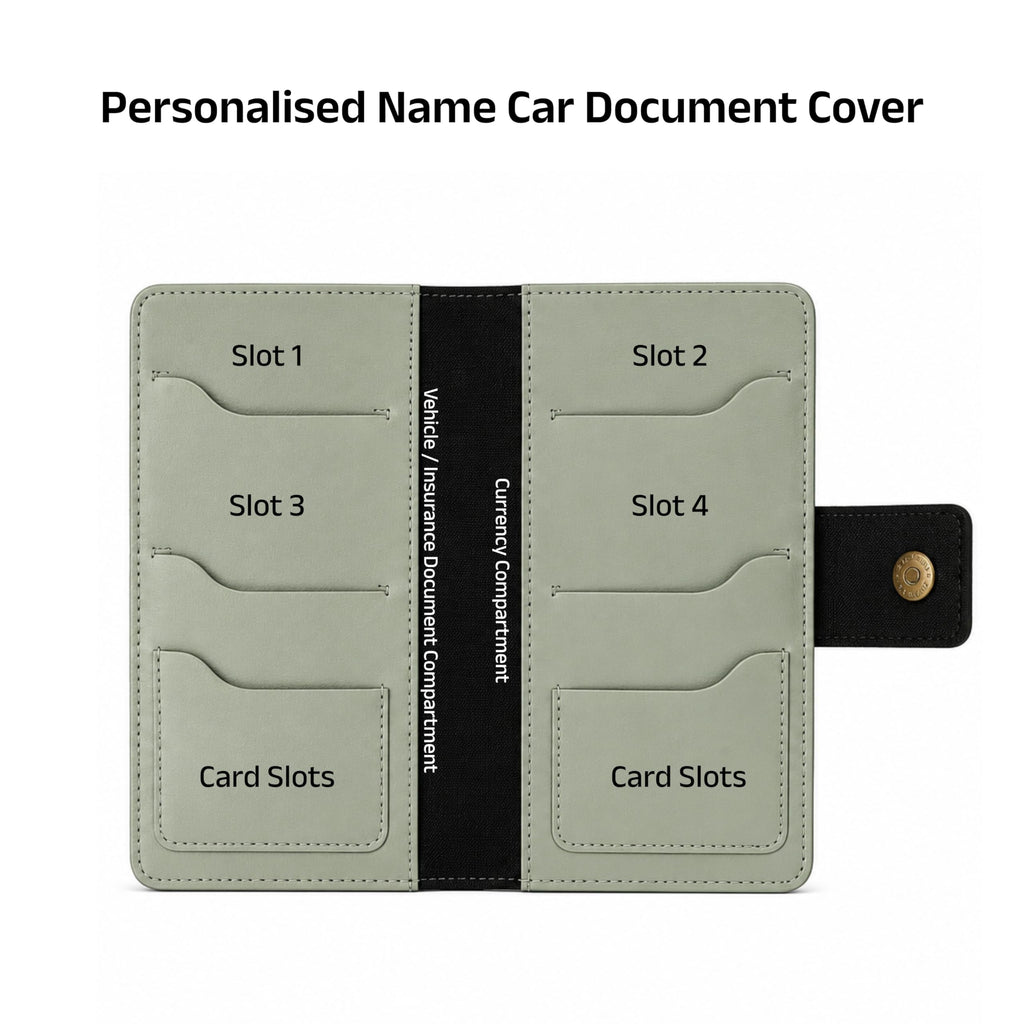 AICA Personalized Name & Charm Long Leather Car Document Holder with RC, Insurance Papers, Card Slots & Cash Compartment for Men & Women (Mintgreen)