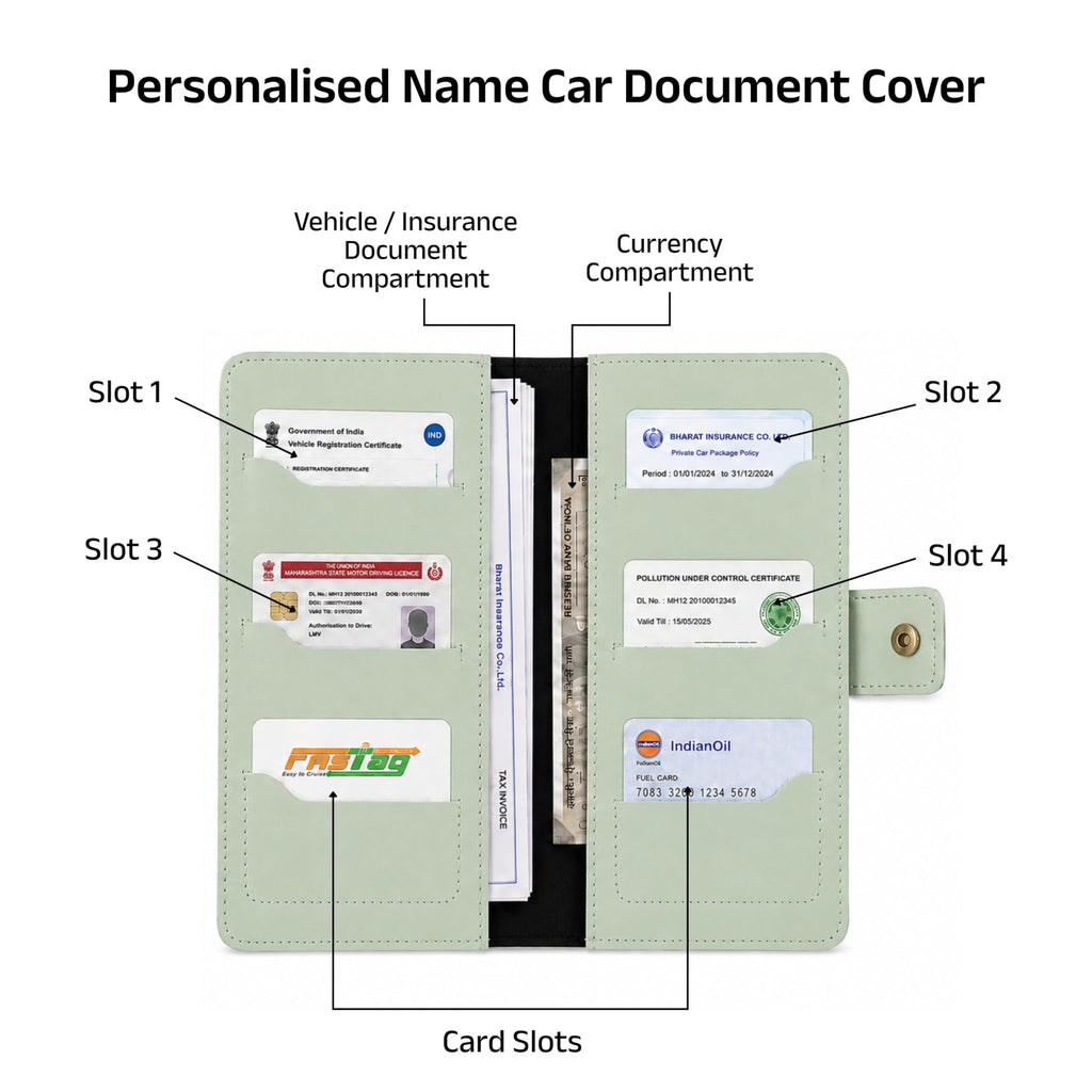 AICA Personalized Name & Charm Long Leather Car Document Holder with RC, Insurance Papers, Card Slots & Cash Compartment for Men & Women (Mintgreen)
