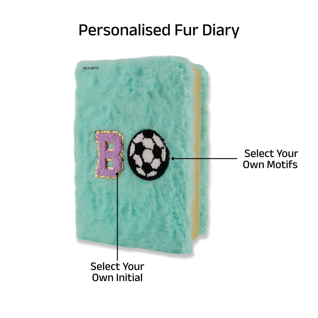 AICA Personalized Embroidery Patch Name Soft Fur Diary A5 Size 160 Pages (Mintgreen) For Girls & Boys|Customized Cute Plush Personal Journal| Diary for Girls Aesthetic | Diary for Kids| Gifts for Boys