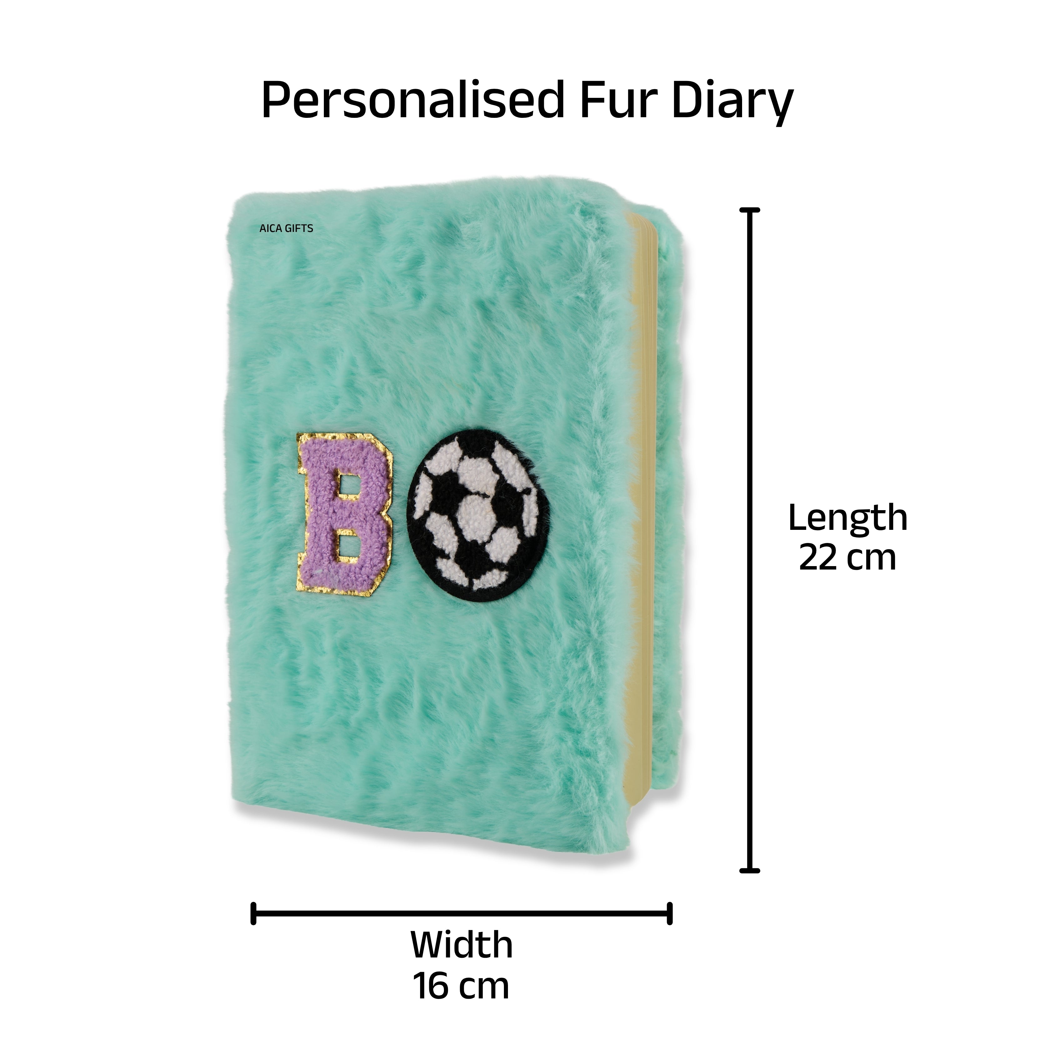 AICA Personalized Embroidery Patch Name Soft Fur Diary A5 Size 160 Pages (Mintgreen) For Girls & Boys|Customized Cute Plush Personal Journal| Diary for Girls Aesthetic | Diary for Kids| Gifts for Boys