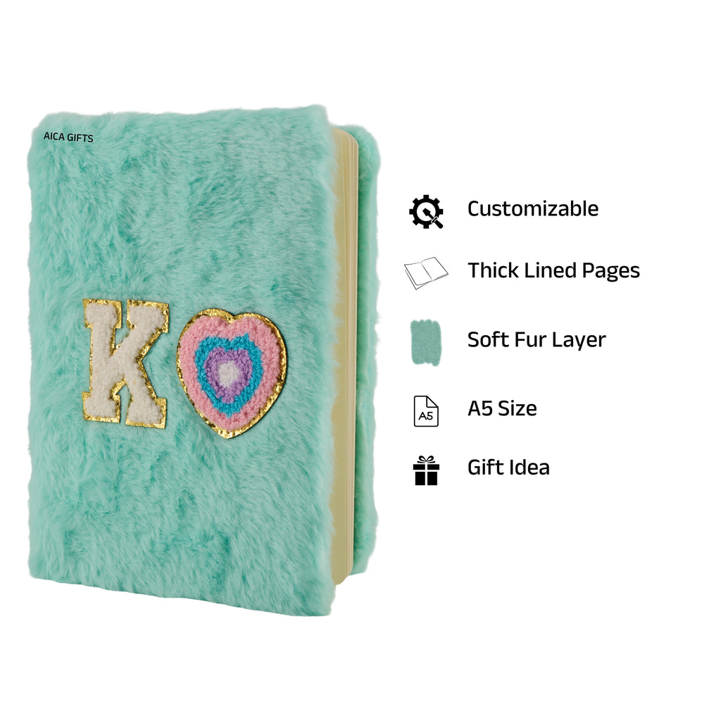 AICA Personalized Embroidery Patch Name Soft Fur Diary A5 Size 160 Pages (Mintgreen) For Girls & Boys|Customized Cute Plush Personal Journal| Diary for Girls Aesthetic | Diary for Kids| Gifts for Boys