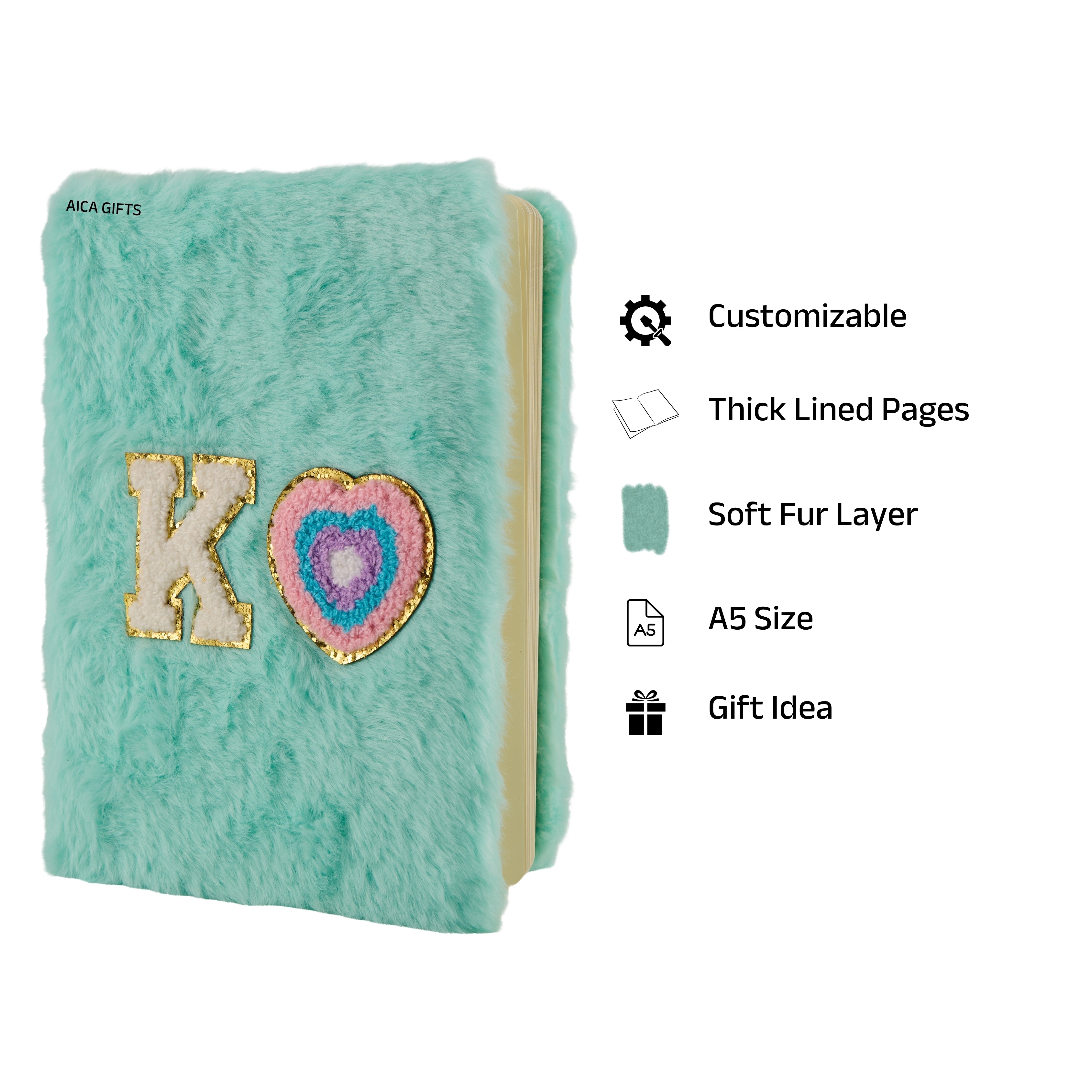 AICA Personalized Embroidery Patch Name Soft Fur Diary A5 Size 160 Pages (Mintgreen) For Girls & Boys|Customized Cute Plush Personal Journal| Diary for Girls Aesthetic | Diary for Kids| Gifts for Boys
