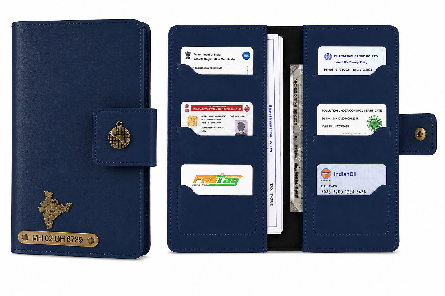 AICA Personalized Name & Charm Long Leather Car Document Holder with RC, Insurance Papers, Card Slots & Cash Compartment for Men & Women (Navyblue)