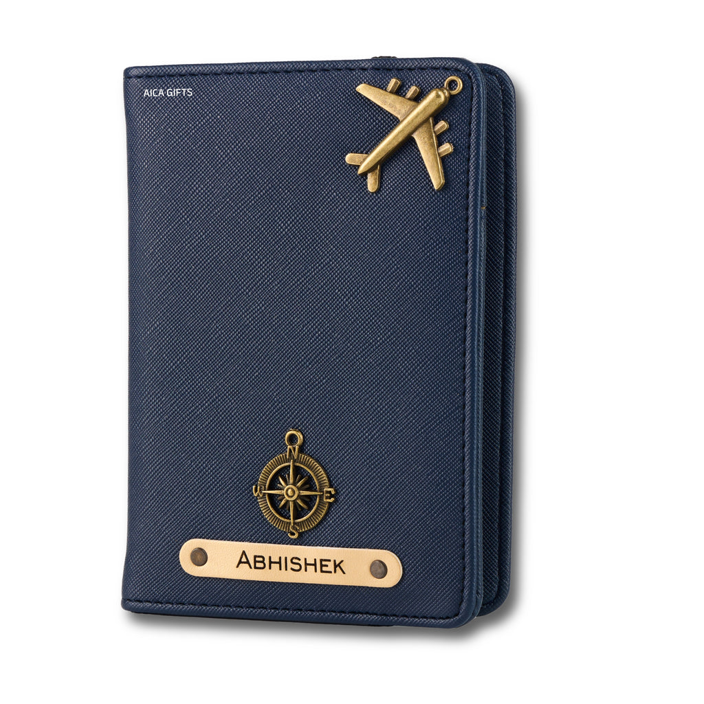 AICA Personalized Name & Charm Leather Passport Cover with 4 Card Slots, Secure Band & Boarding Pass Slot for Men & Women | Travel Passport Holder (Navyblue)
