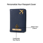 AICA Personalized Name & Charm Leather Passport Cover with 4 Card Slots, Secure Band & Boarding Pass Slot for Men & Women | Travel Passport Holder (Navyblue)