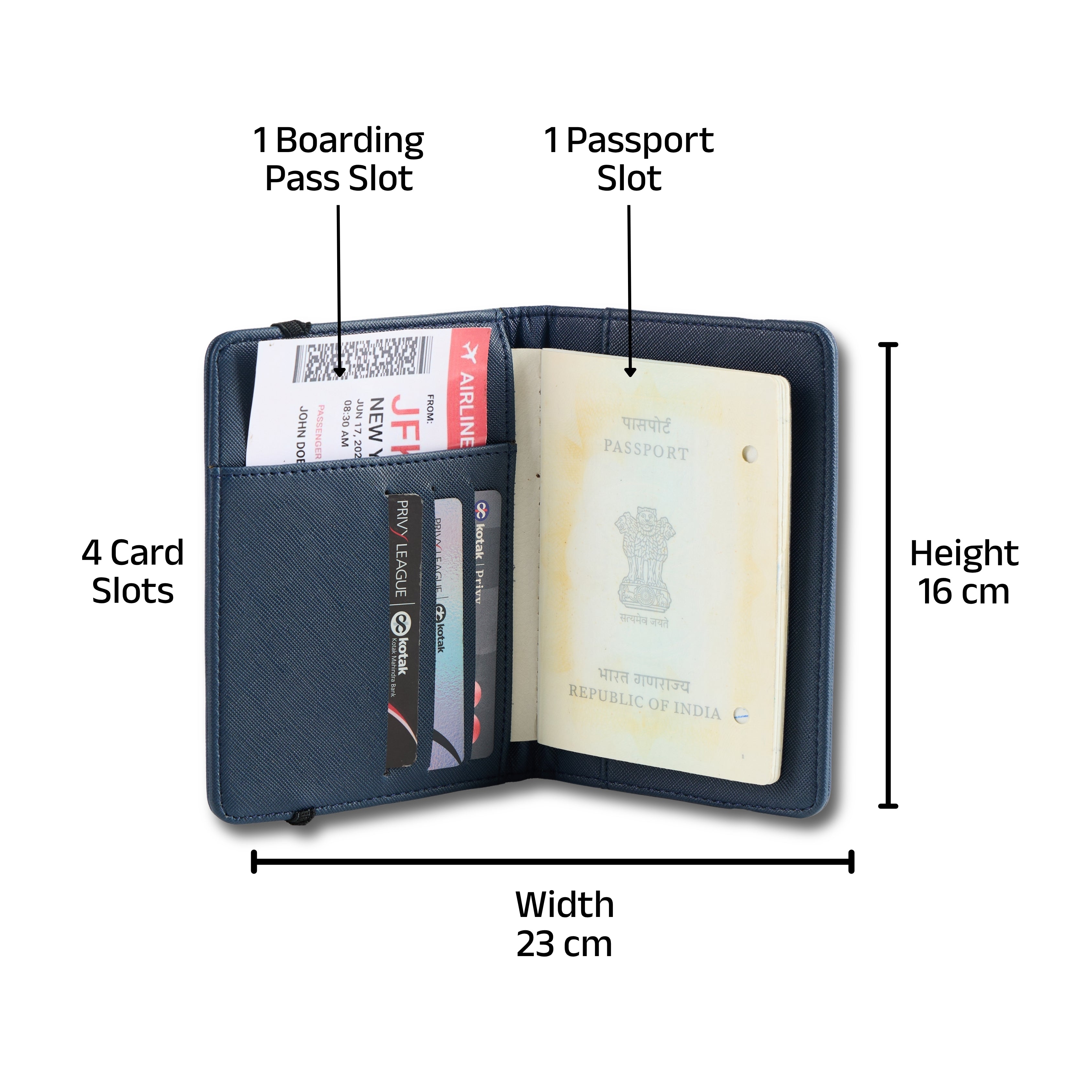 AICA Personalized Name & Charm Leather Passport Cover with 4 Card Slots, Secure Band & Boarding Pass Slot for Men & Women | Travel Passport Holder (Navyblue)