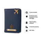 AICA Personalized Name & Charm Leather Passport Cover with 4 Card Slots, Secure Band & Boarding Pass Slot for Men & Women | Travel Passport Holder (Navyblue)