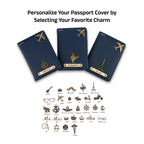 AICA Personalized Name & Charm Leather Passport Cover with 4 Card Slots, Secure Band & Boarding Pass Slot for Men & Women | Travel Passport Holder (Navyblue)