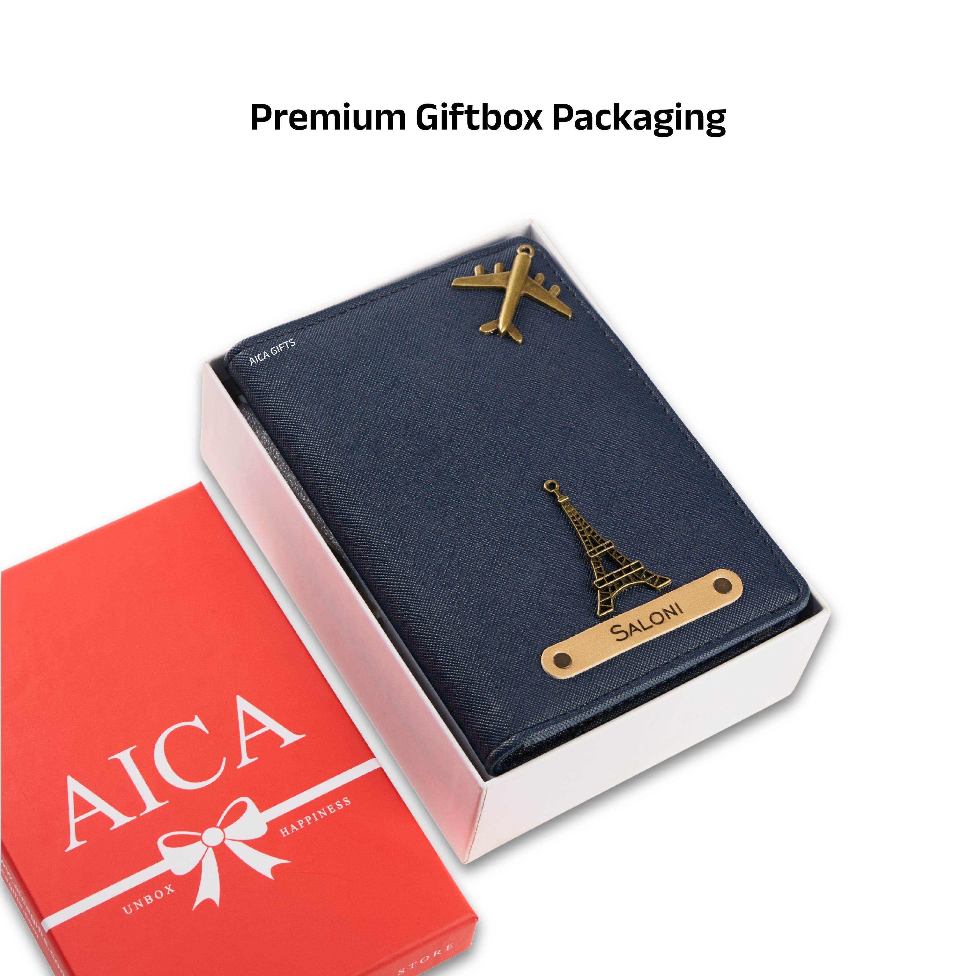 AICA Personalized Name & Charm Leather Passport Cover with 4 Card Slots, Secure Band & Boarding Pass Slot for Men & Women | Travel Passport Holder (Navyblue)
