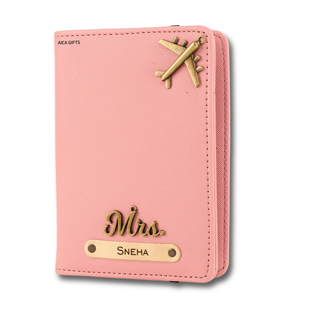 AICA Personalized Name & Charm Leather Passport Cover with 4 Card Slots, Secure Band & Boarding Pass Slot for Men & Women | Travel Passport Holder (Nudepink)