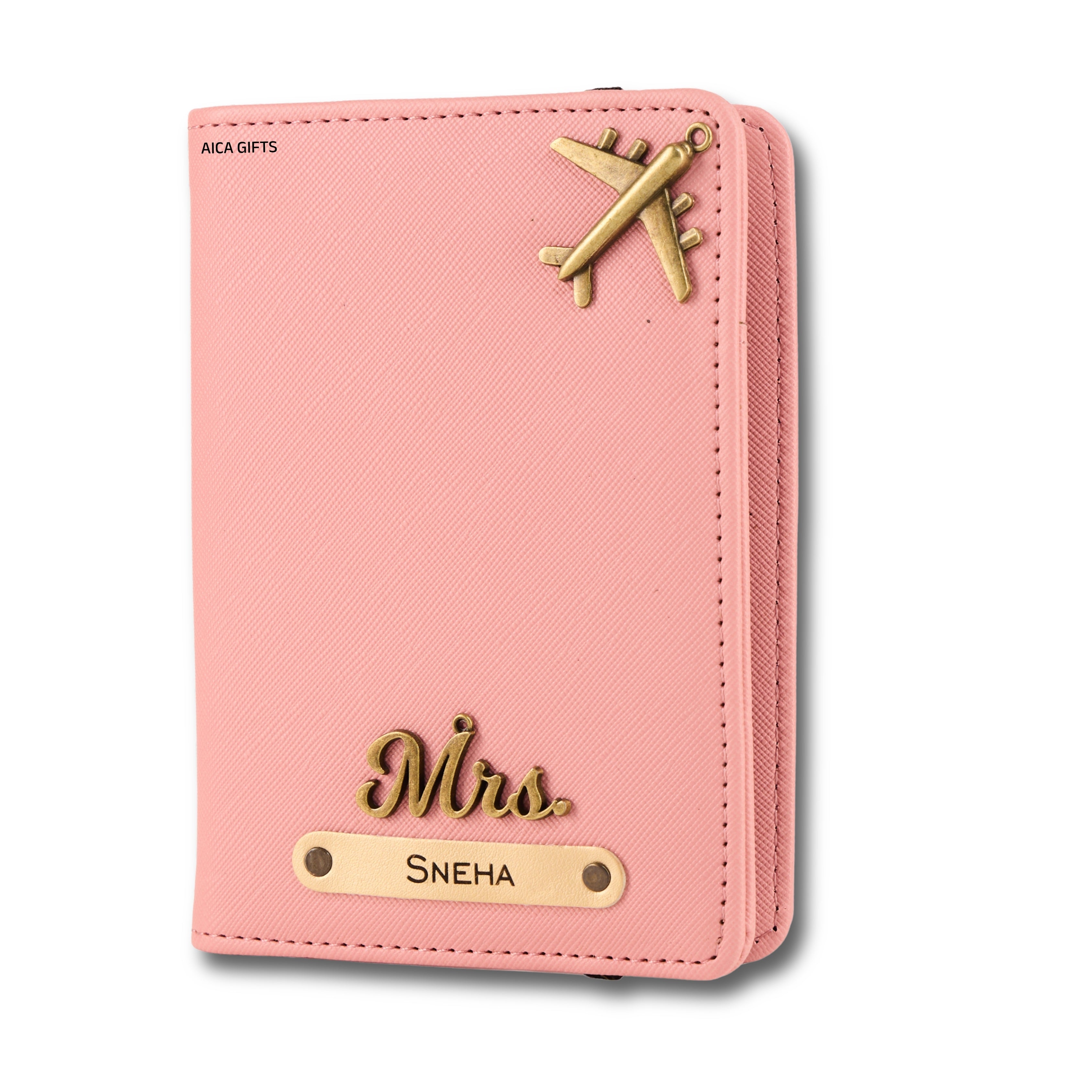 AICA Personalized Name & Charm Leather Passport Cover with 4 Card Slots, Secure Band & Boarding Pass Slot for Men & Women | Travel Passport Holder (Nudepink)