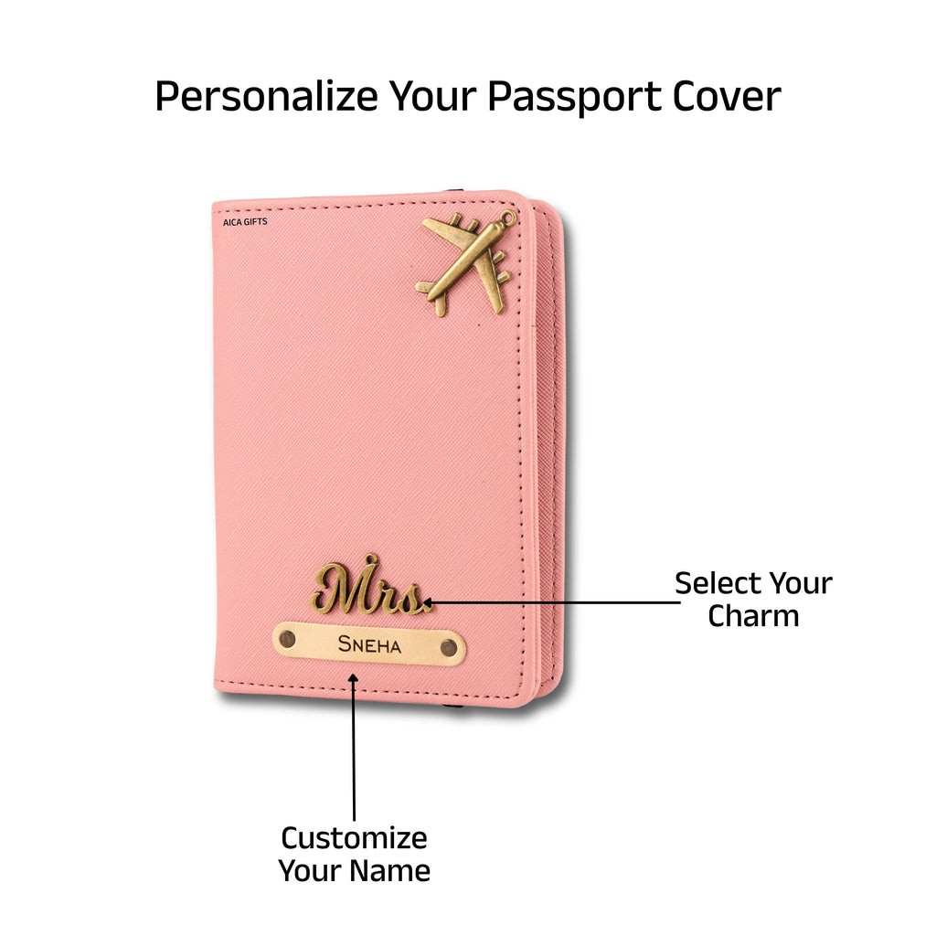 AICA Personalized Name & Charm Leather Passport Cover with 4 Card Slots, Secure Band & Boarding Pass Slot for Men & Women | Travel Passport Holder (Nudepink)