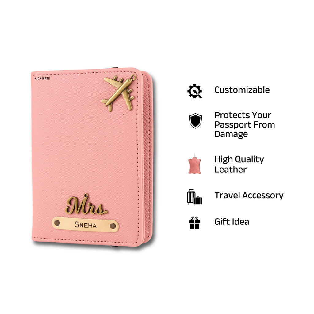 AICA Personalized Name & Charm Leather Passport Cover with 4 Card Slots, Secure Band & Boarding Pass Slot for Men & Women | Travel Passport Holder (Nudepink)