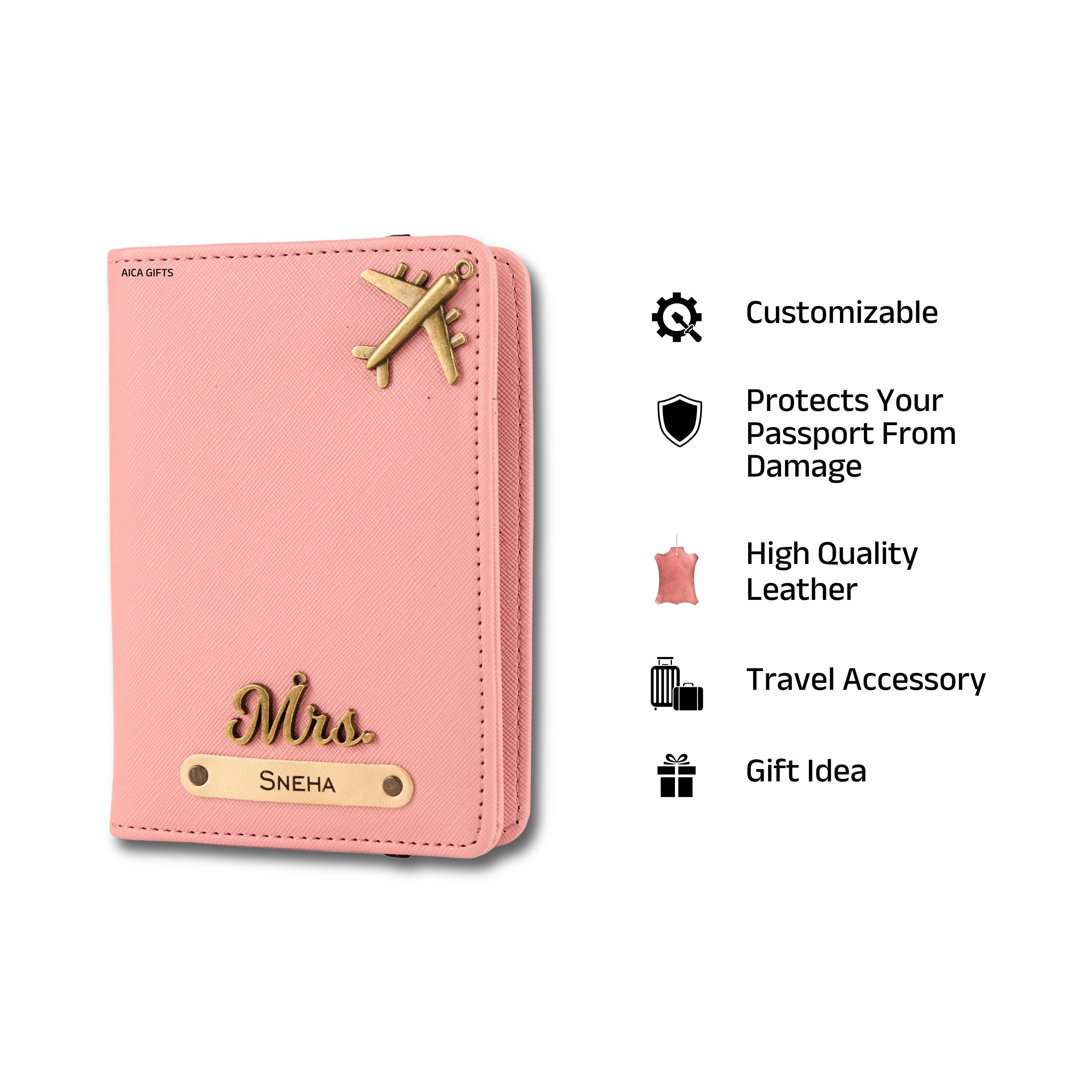 AICA Personalized Name & Charm Leather Passport Cover with 4 Card Slots, Secure Band & Boarding Pass Slot for Men & Women | Travel Passport Holder (Nudepink)