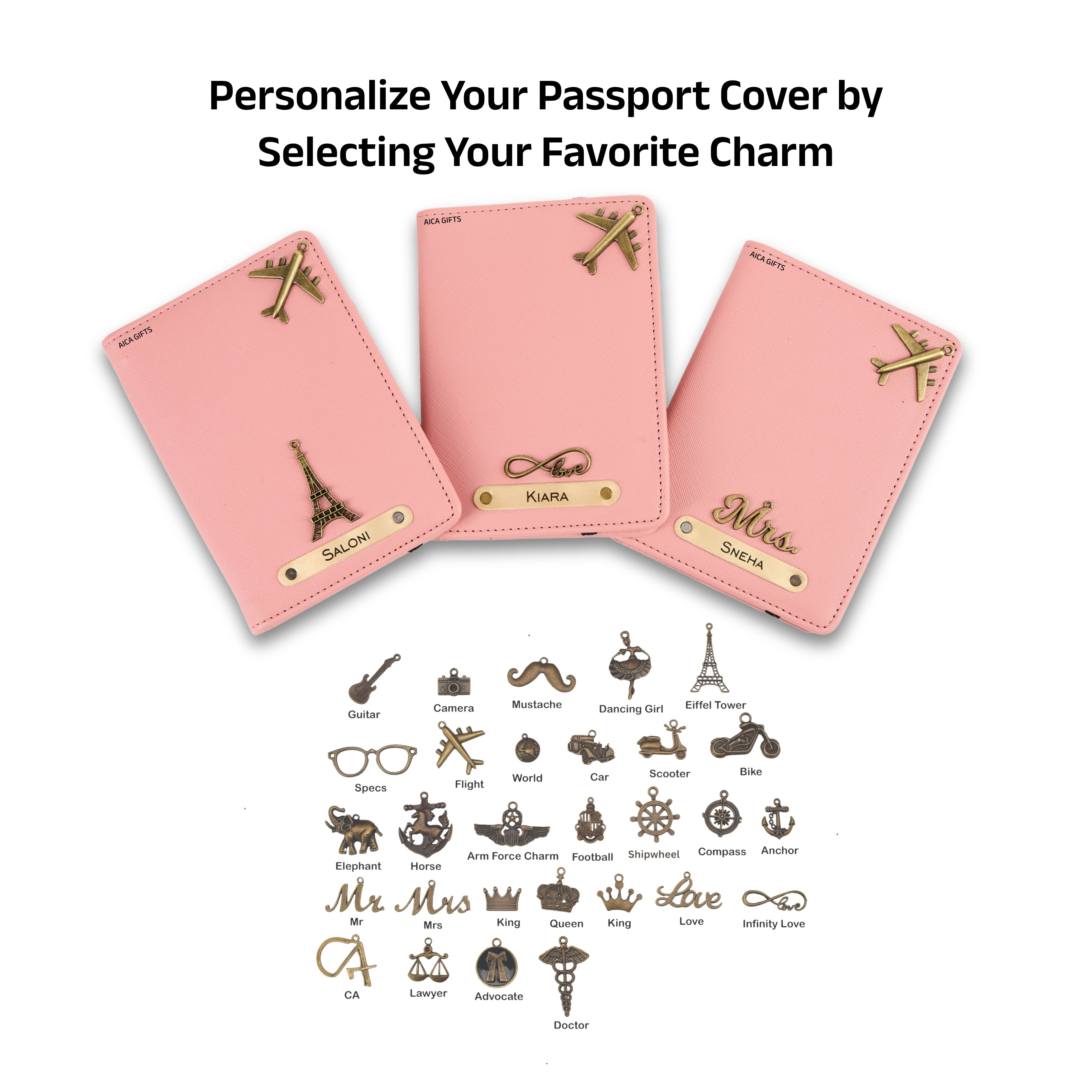AICA Personalized Name & Charm Leather Passport Cover with 4 Card Slots, Secure Band & Boarding Pass Slot for Men & Women | Travel Passport Holder (Nudepink)