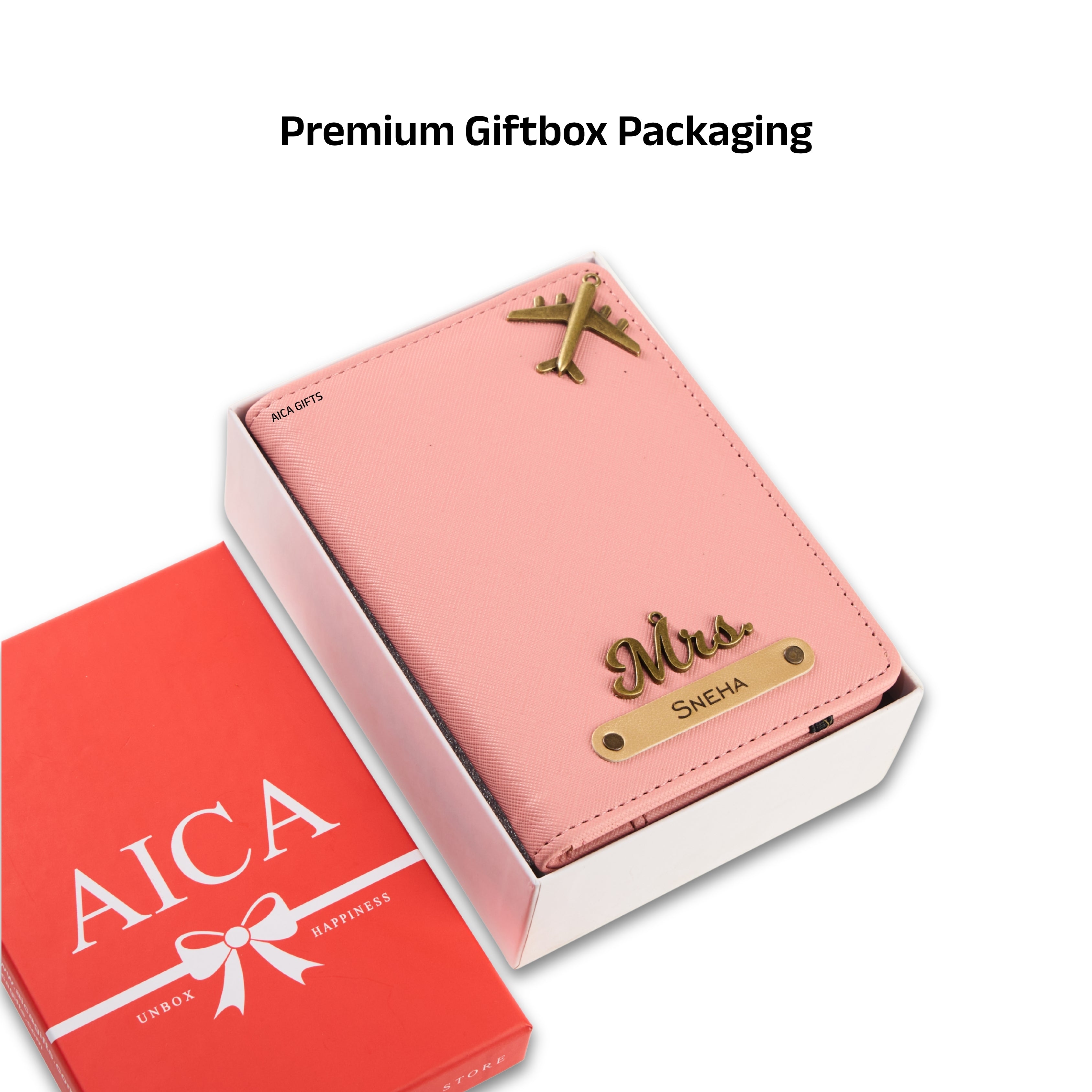 AICA Personalized Name & Charm Leather Passport Cover with 4 Card Slots, Secure Band & Boarding Pass Slot for Men & Women | Travel Passport Holder (Nudepink)