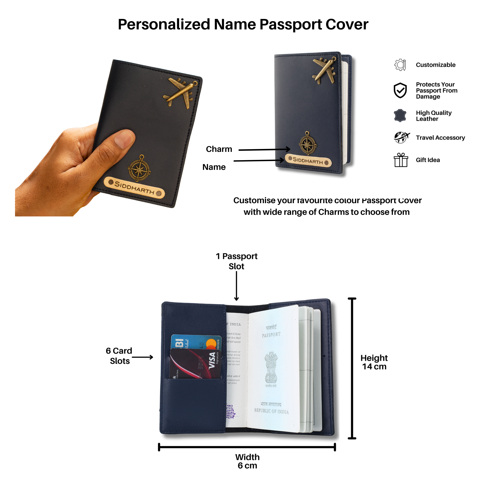 Aica Personalized Name & Charm Leather Men's Combo (Navy Blue)