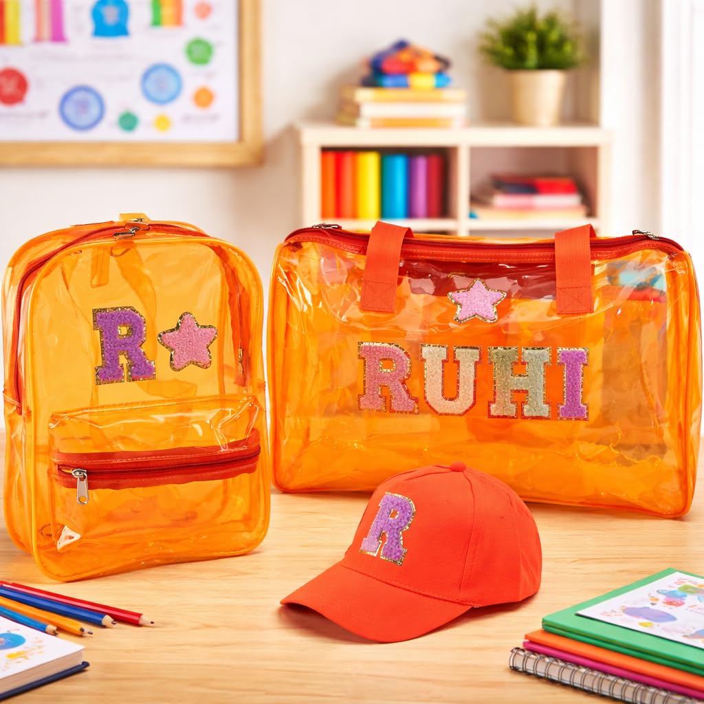 AICA Personalized Name Embroidered Letters & Patch PVC Bag & Cap Kids Combo Giftset (2-10 years) – Orange| Stationery Items |Duffle Bags for Travelling |Birthday Gift for Kid |Return Gifts |School Kit