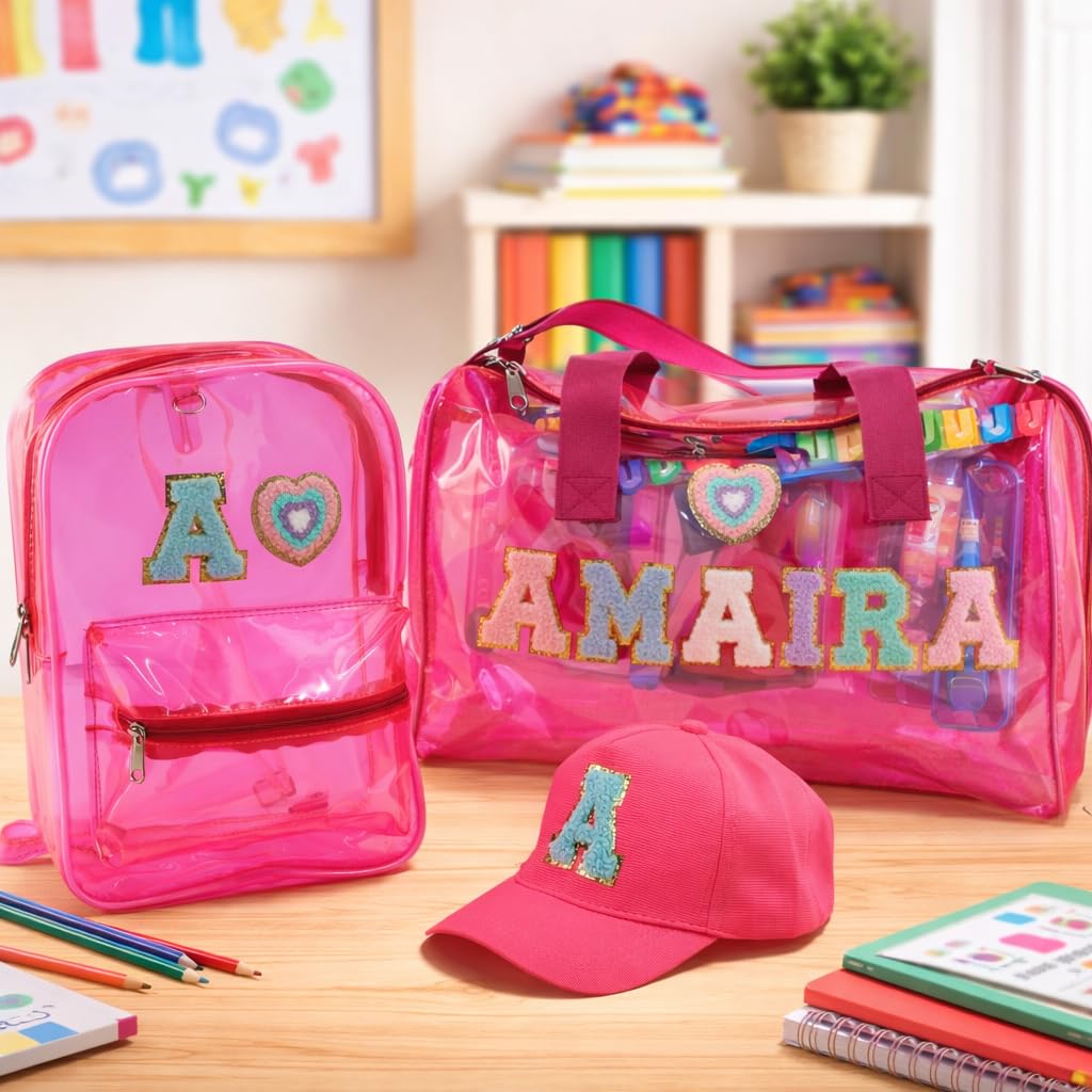 AICA Personalized Name Embroidered Letters & Patch PVC Bag & Cap Kids Combo Giftset (2-10 years) – Pink |Stationery Items |Duffle Bags for Travelling |Birthday Gift for Kid | Return Gifts | School Kit