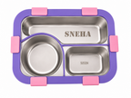 AICA Personalized Name Engraved 650 ML Stainless Steel Lunch Box for Kids | BPA Free | 3 Compartment Leakproof | Hidden Spoon Storage | Keeps Food Warm & Separate | Lunch Box for Boy & Girl (Pink)