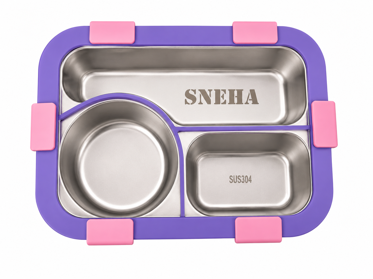 AICA Personalized Name Engraved 650 ML Stainless Steel Lunch Box for Kids | BPA Free | 3 Compartment Leakproof | Hidden Spoon Storage | Keeps Food Warm & Separate | Lunch Box for Boy & Girl (Pink)