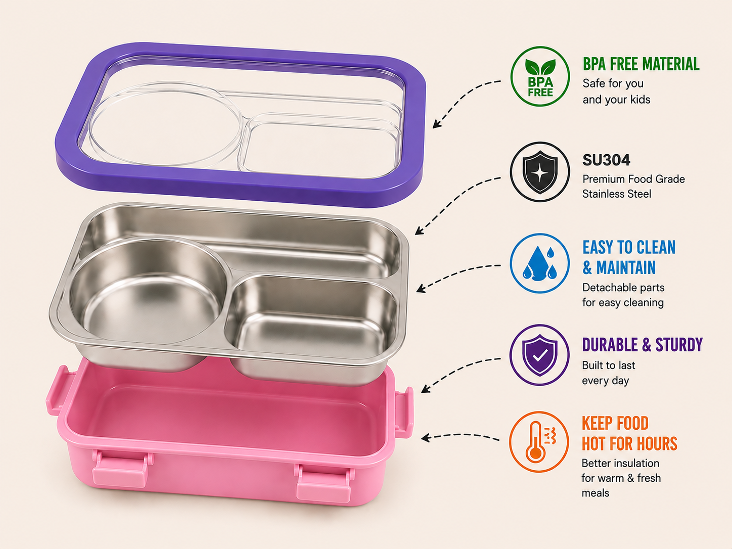 AICA Personalized Name Engraved 650 ML Stainless Steel Lunch Box for Kids | BPA Free | 3 Compartment Leakproof | Hidden Spoon Storage | Keeps Food Warm & Separate | Lunch Box for Boy & Girl (Pink)