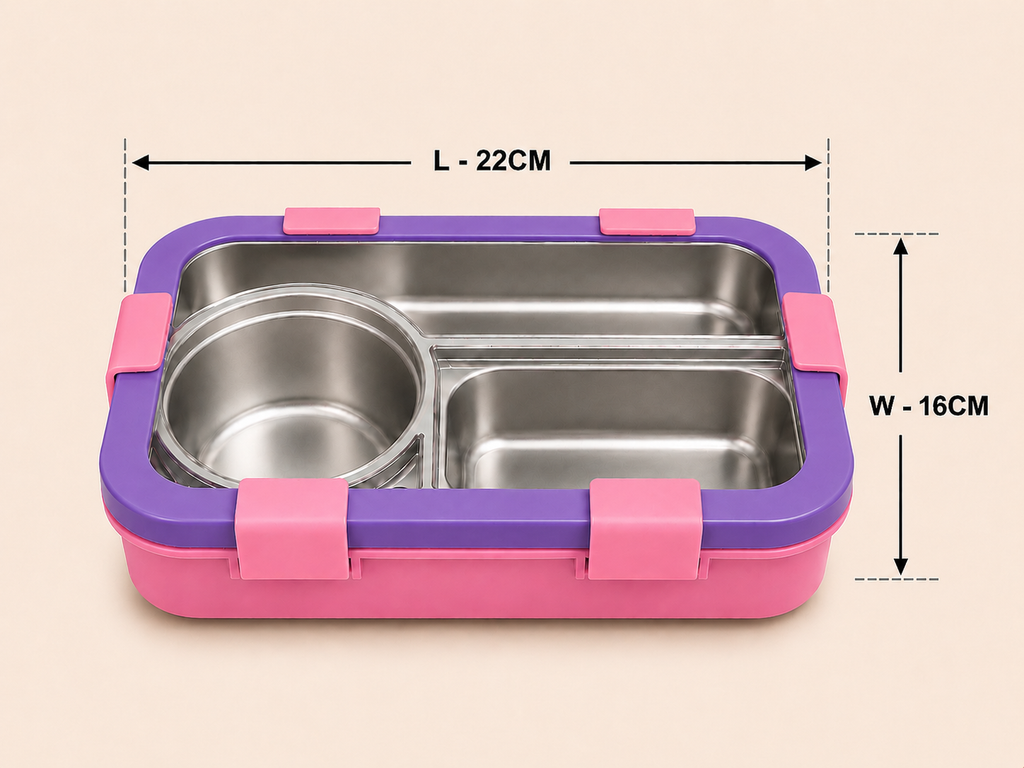 AICA Personalized Name Engraved 650 ML Stainless Steel Lunch Box for Kids | BPA Free | 3 Compartment Leakproof | Hidden Spoon Storage | Keeps Food Warm & Separate | Lunch Box for Boy & Girl (Pink)