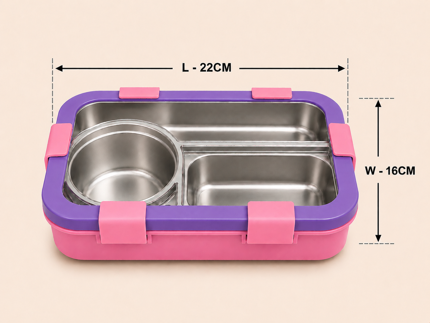 AICA Personalized Name Engraved 650 ML Stainless Steel Lunch Box for Kids | BPA Free | 3 Compartment Leakproof | Hidden Spoon Storage | Keeps Food Warm & Separate | Lunch Box for Boy & Girl (Pink)