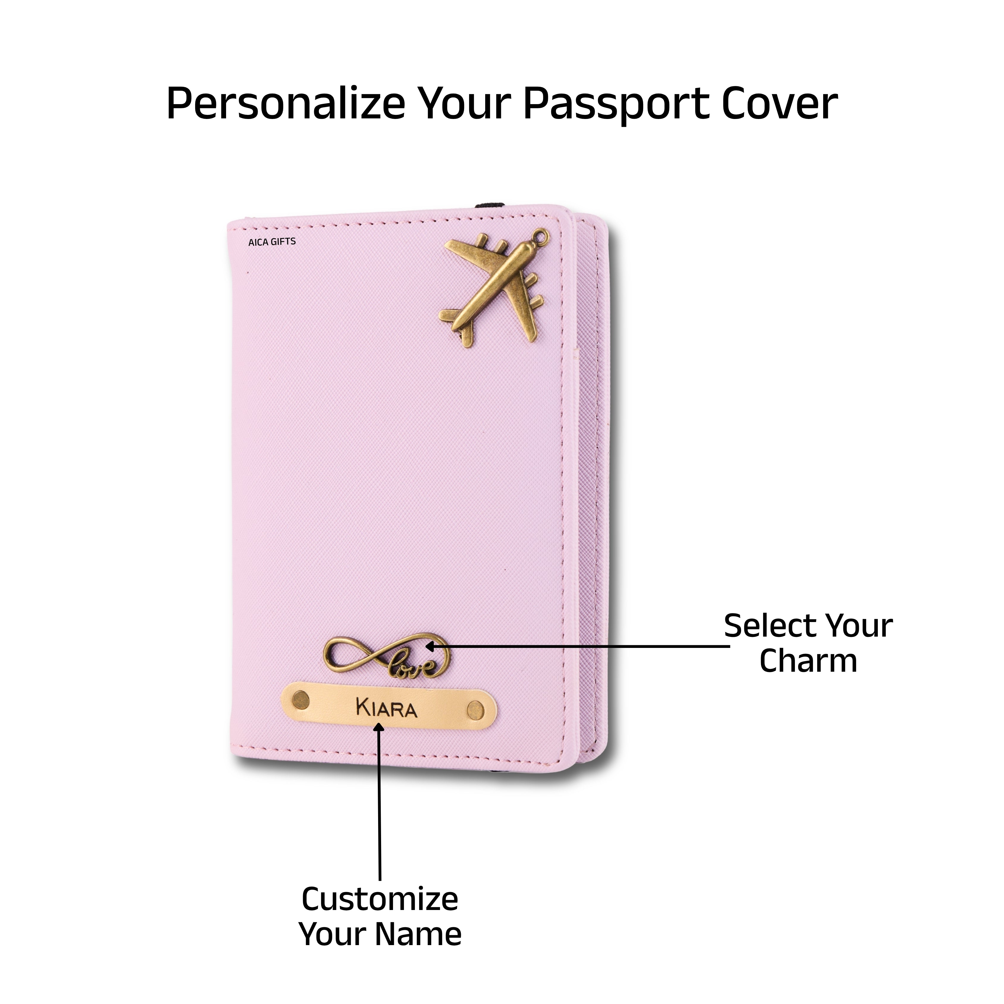 AICA Personalized Name & Charm Leather Passport Cover with 4 Card Slots, Secure Band & Boarding Pass Slot for Men & Women | Travel Passport Holder (Purple)