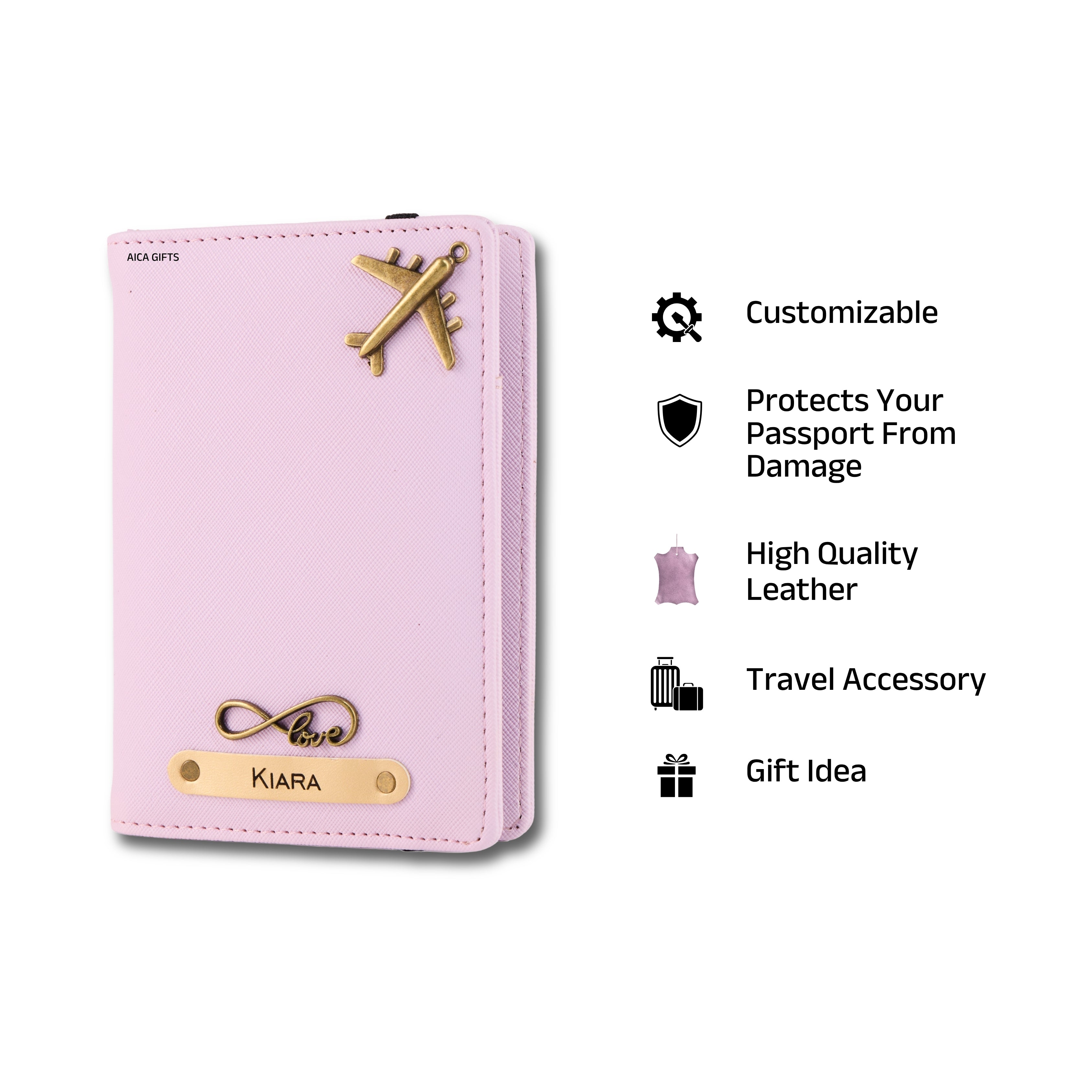 AICA Personalized Name & Charm Leather Passport Cover with 4 Card Slots, Secure Band & Boarding Pass Slot for Men & Women | Travel Passport Holder (Purple)