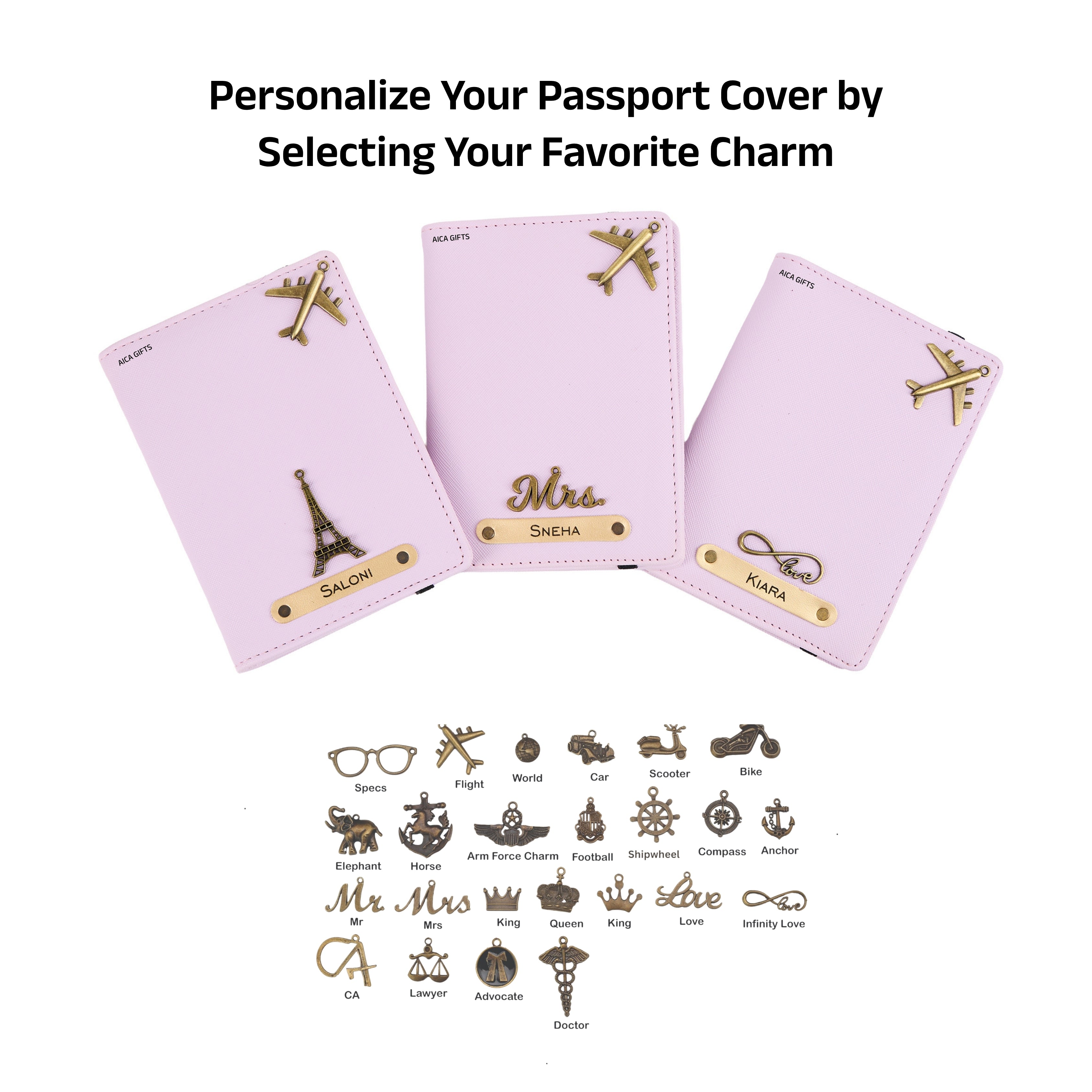 AICA Personalized Name & Charm Leather Passport Cover with 4 Card Slots, Secure Band & Boarding Pass Slot for Men & Women | Travel Passport Holder (Purple)
