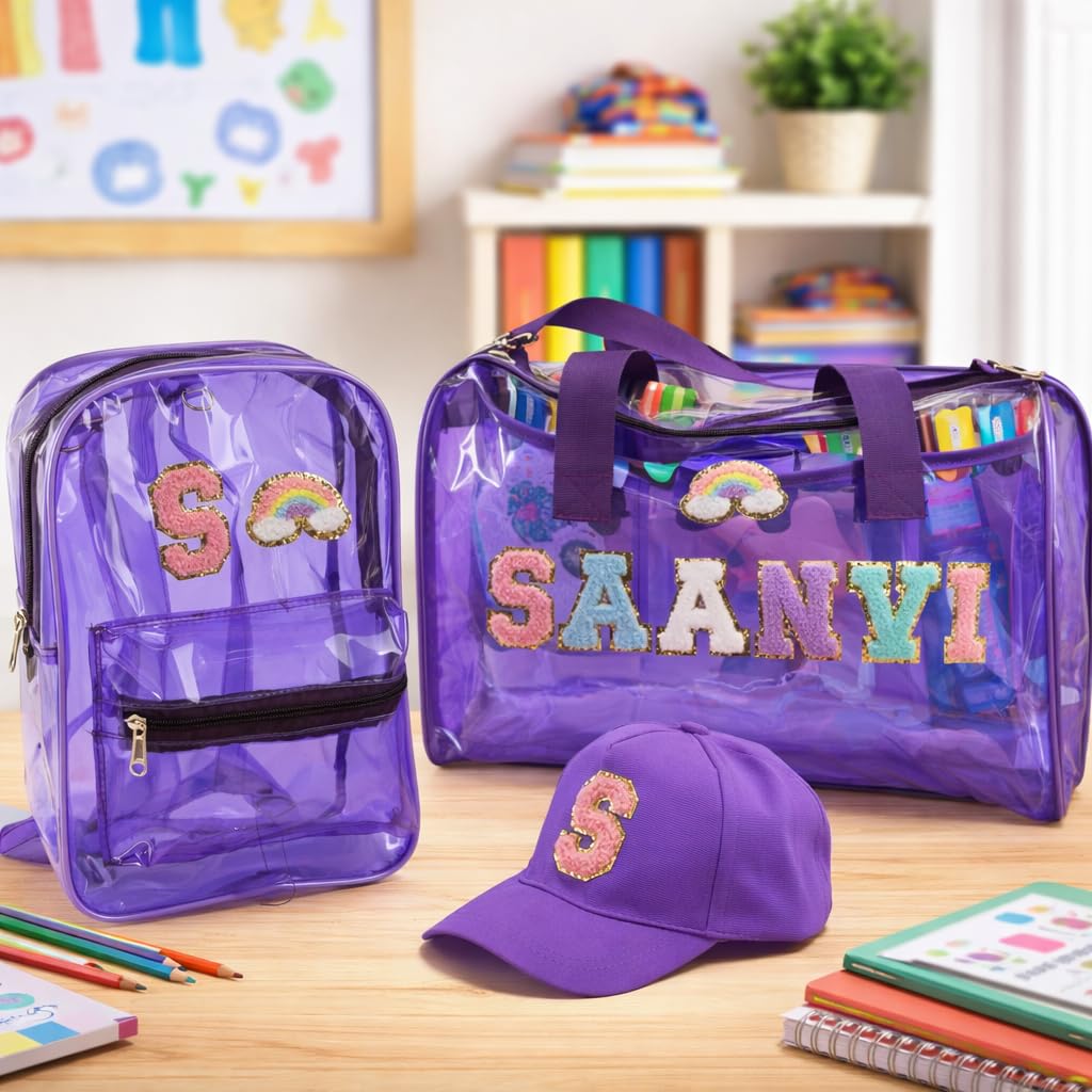 AICA Personalized Name Embroidered Letters & Patch PVC Bag & Cap Kids Combo Giftset (2-10 years) – Purple| Stationery Items |Duffle Bags for Travelling |Birthday Gift for Kid |Return Gifts |School Kit