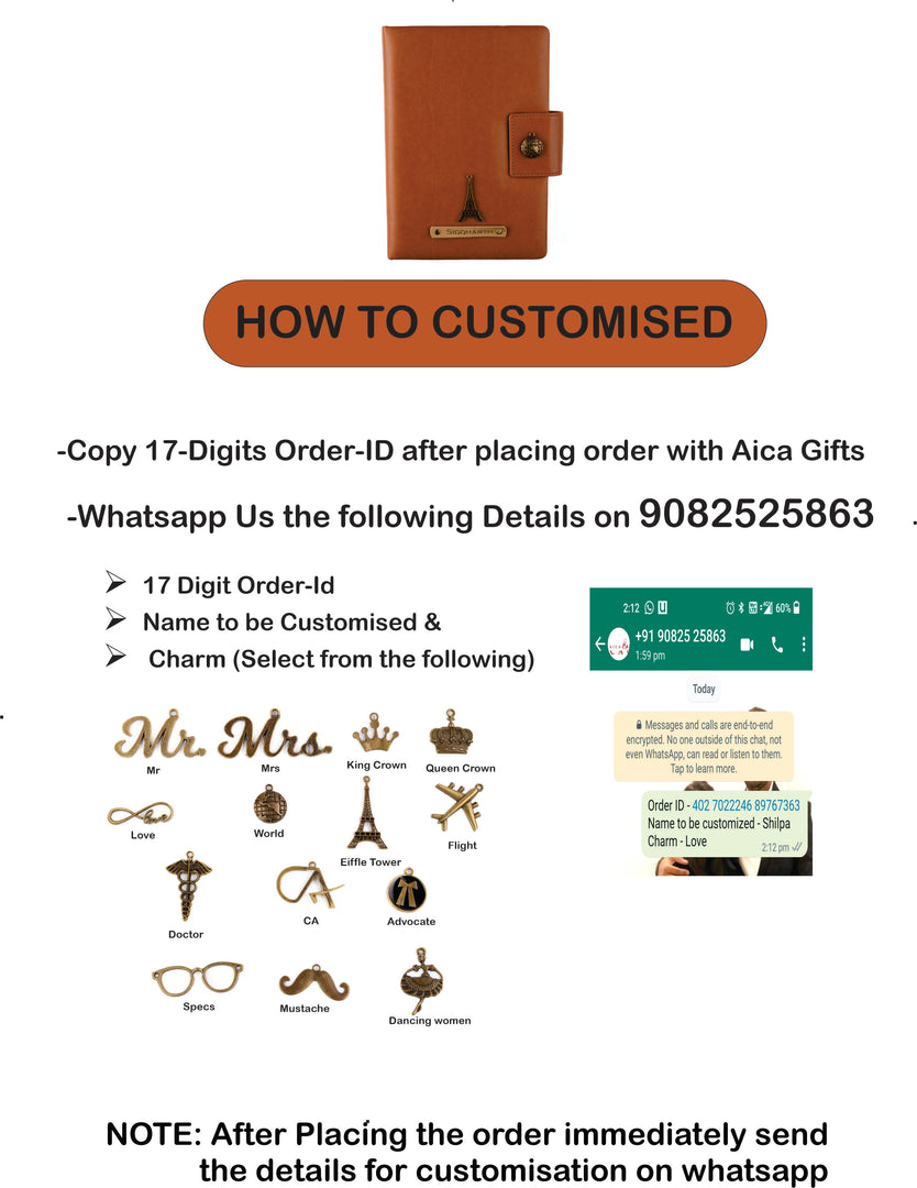 Aica Personalized Name & Charm Leather Notebook Diary - A5 Size 200 Ruled Pages (Tan Brown) for Men & Women | Customized Office Corporate Gift for Employees Clients Staff Colleague Retirement Farewell