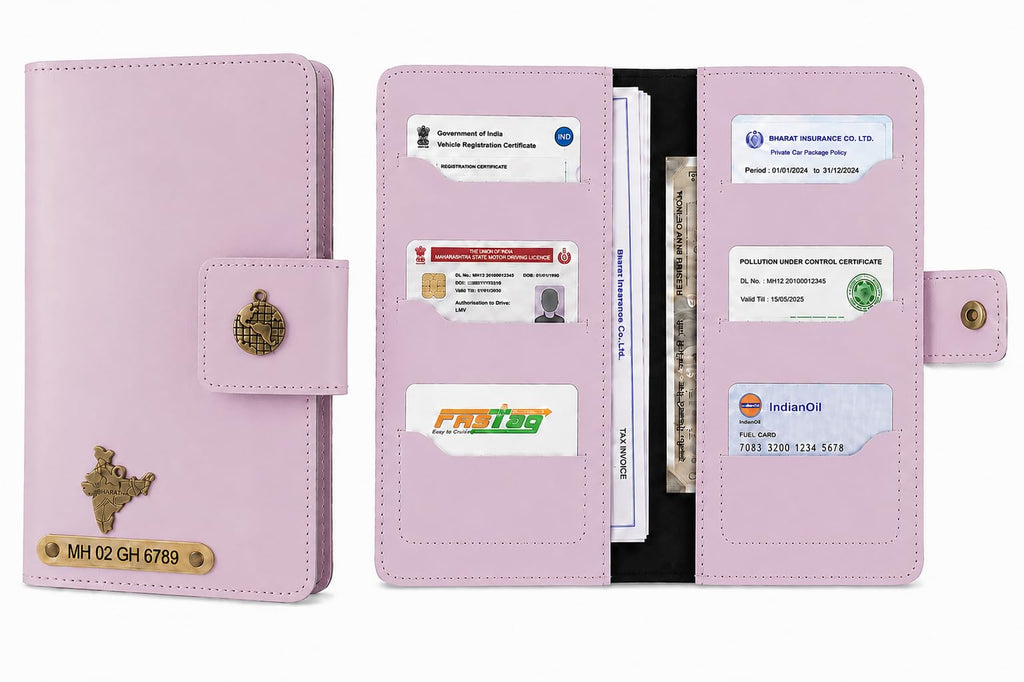 AICA Personalized Name & Charm Long Leather Car Document Holder with RC, Insurance Papers, Card Slots & Cash Compartment for Men & Women (Purple)
