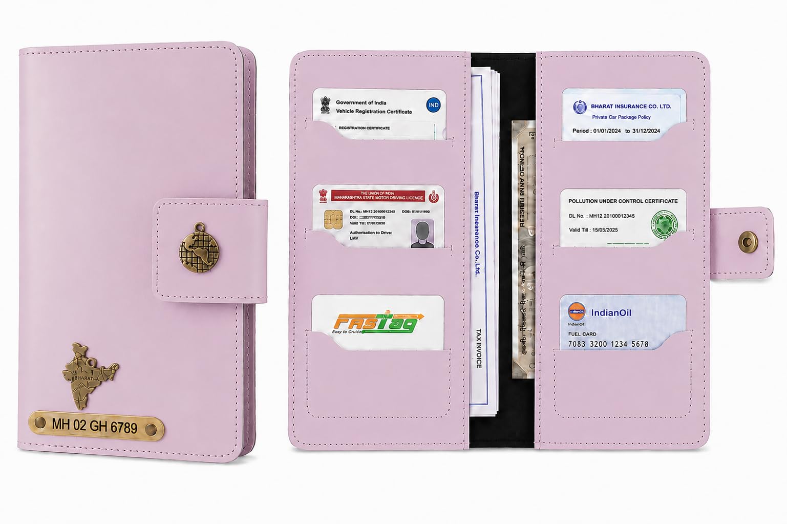 AICA Personalized Name & Charm Long Leather Car Document Holder with RC, Insurance Papers, Card Slots & Cash Compartment for Men & Women (Purple)