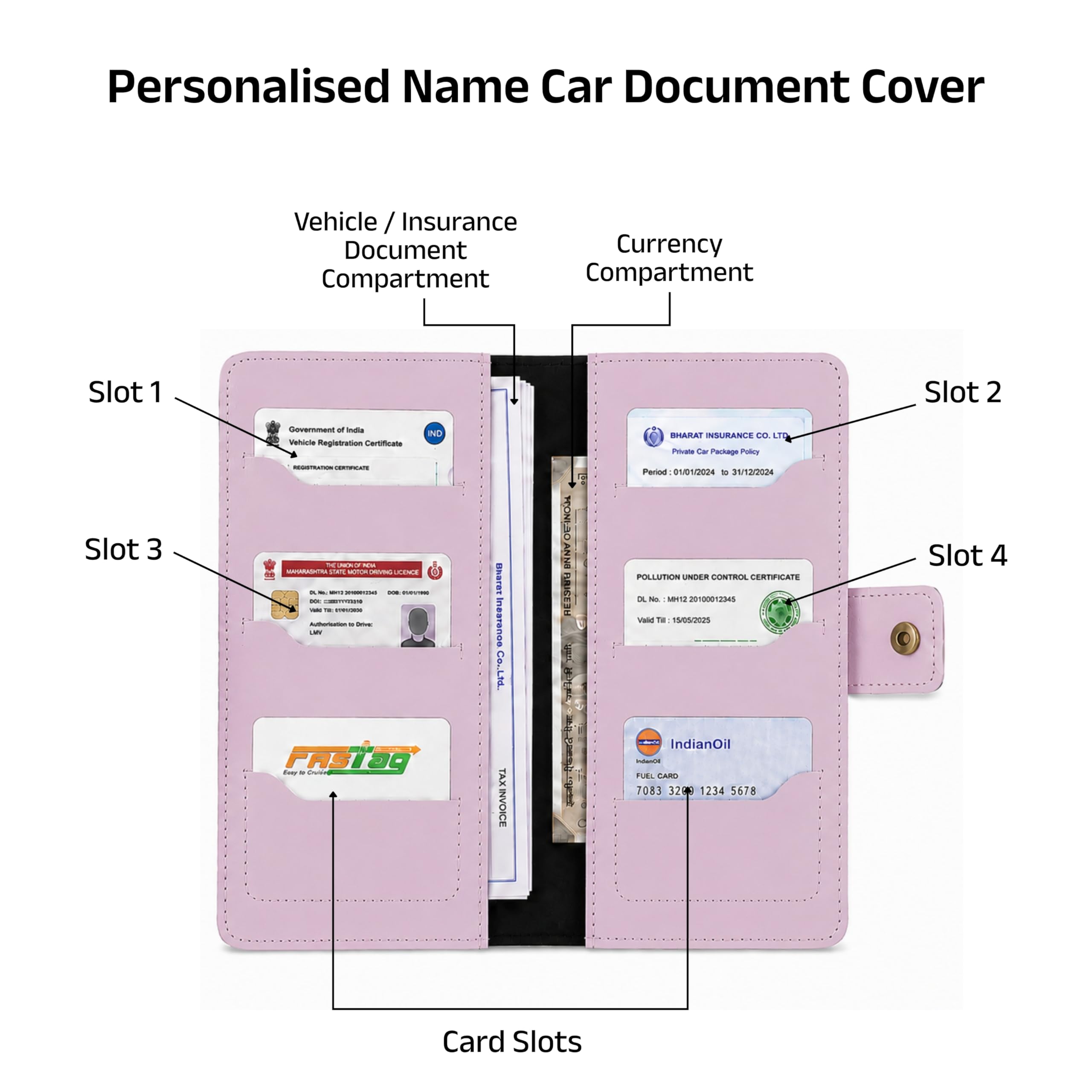 AICA Personalized Name & Charm Long Leather Car Document Holder with RC, Insurance Papers, Card Slots & Cash Compartment for Men & Women (Purple)