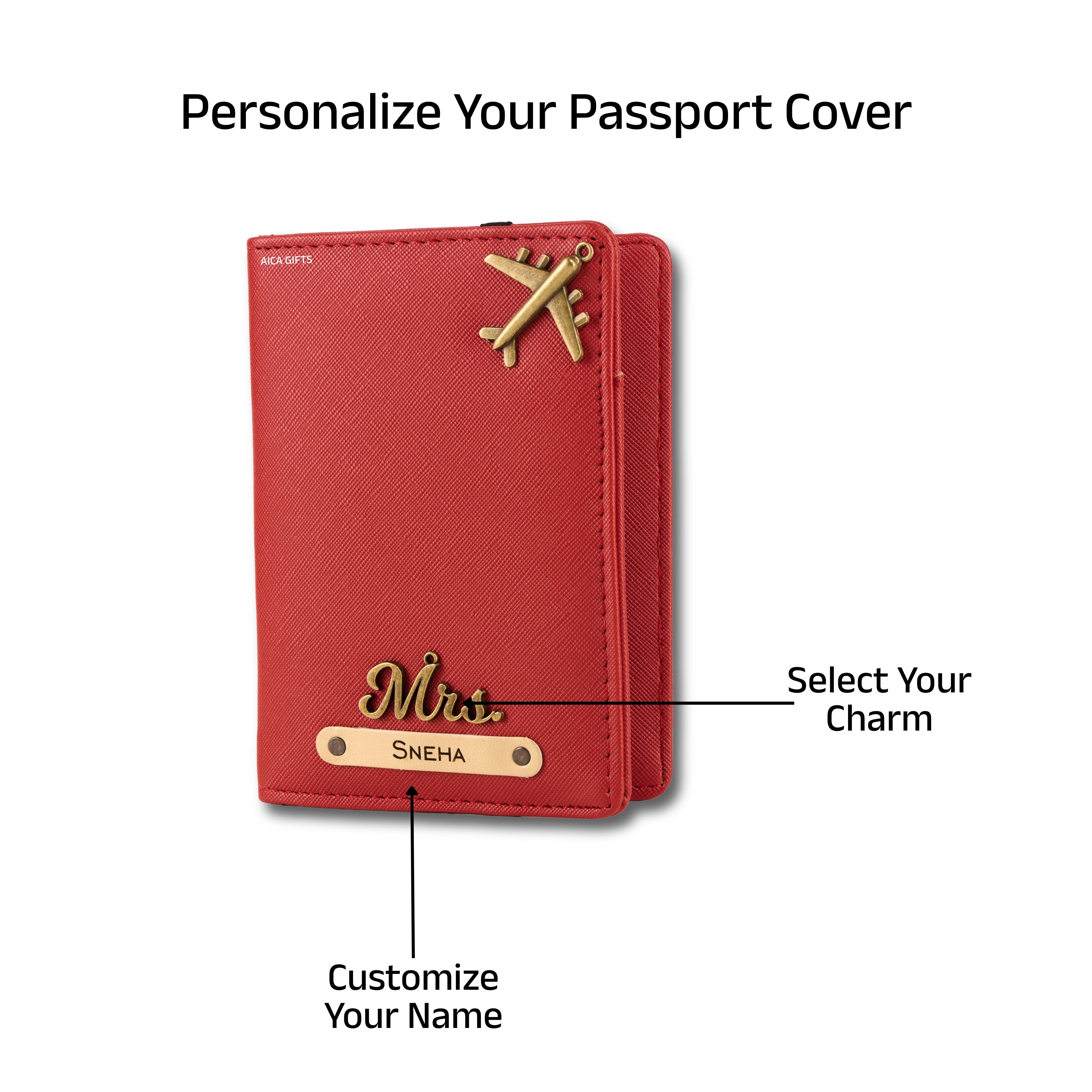 AICA Personalized Name & Charm Leather Passport Cover with 4 Card Slots, Secure Band & Boarding Pass Slot for Men & Women | Travel Passport Holder (Red)
