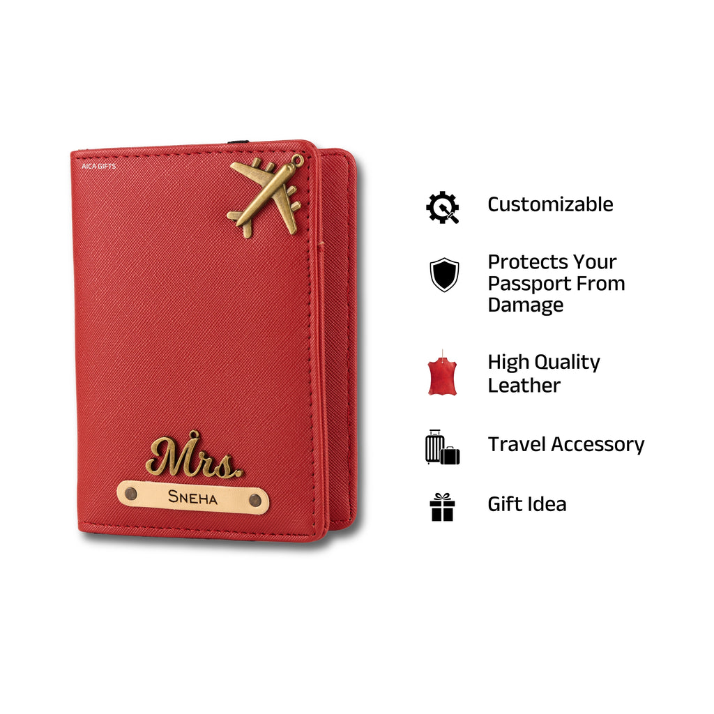 AICA Personalized Name & Charm Leather Passport Cover with 4 Card Slots, Secure Band & Boarding Pass Slot for Men & Women | Travel Passport Holder (Red)