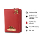 AICA Personalized Name & Charm Leather Passport Cover with 4 Card Slots, Secure Band & Boarding Pass Slot for Men & Women | Travel Passport Holder (Red)