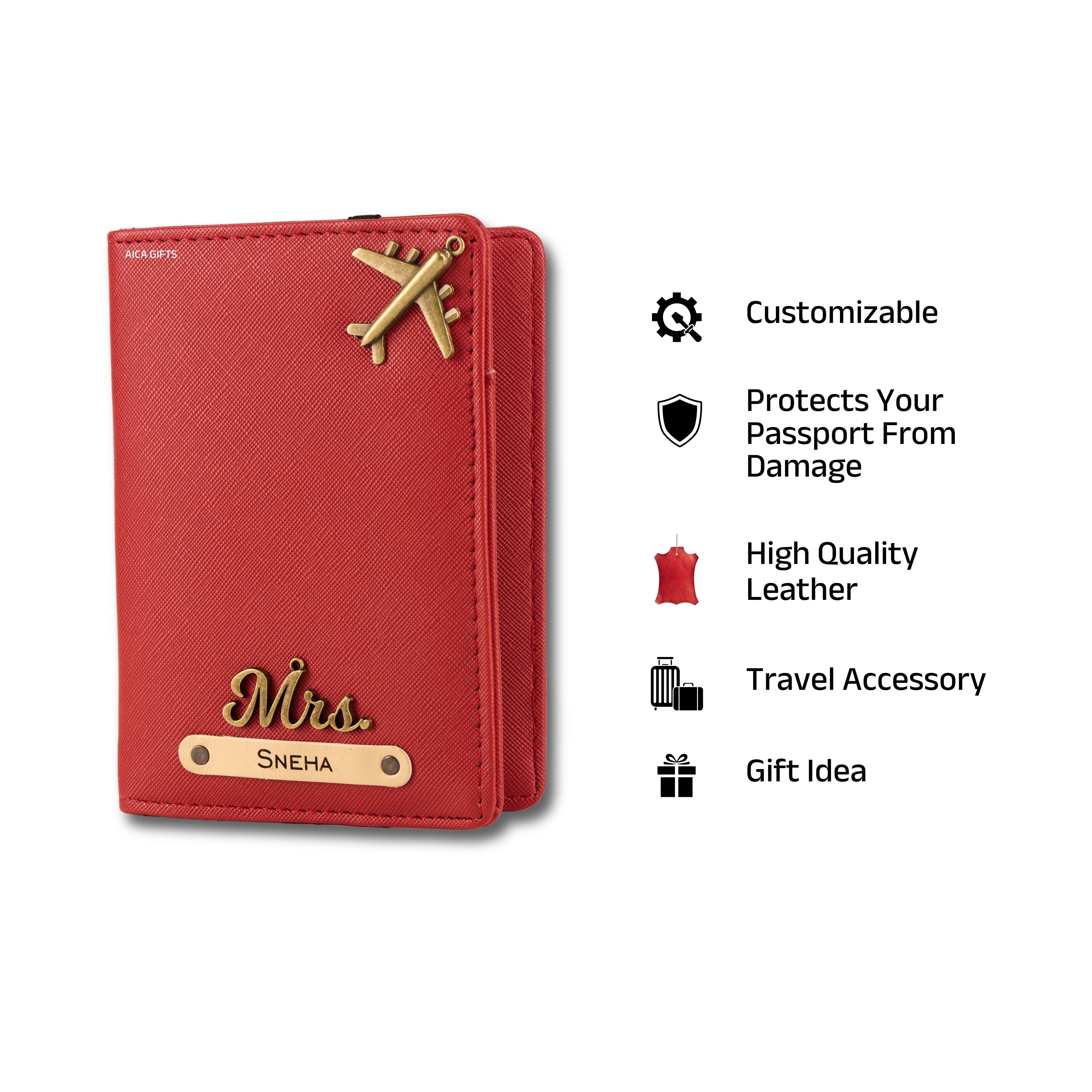 AICA Personalized Name & Charm Leather Passport Cover with 4 Card Slots, Secure Band & Boarding Pass Slot for Men & Women | Travel Passport Holder (Red)