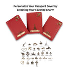 AICA Personalized Name & Charm Leather Passport Cover with 4 Card Slots, Secure Band & Boarding Pass Slot for Men & Women | Travel Passport Holder (Red)