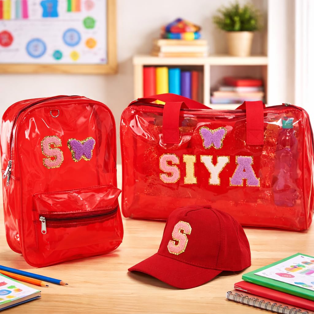 AICA Personalized Name Embroidered Letters & Patch PVC Bag & Cap Kids Combo Giftset (2-10 years) – Red | Stationery Items |Duffle Bags for Travelling |Birthday Gift for Kid | Return Gifts | School Kit