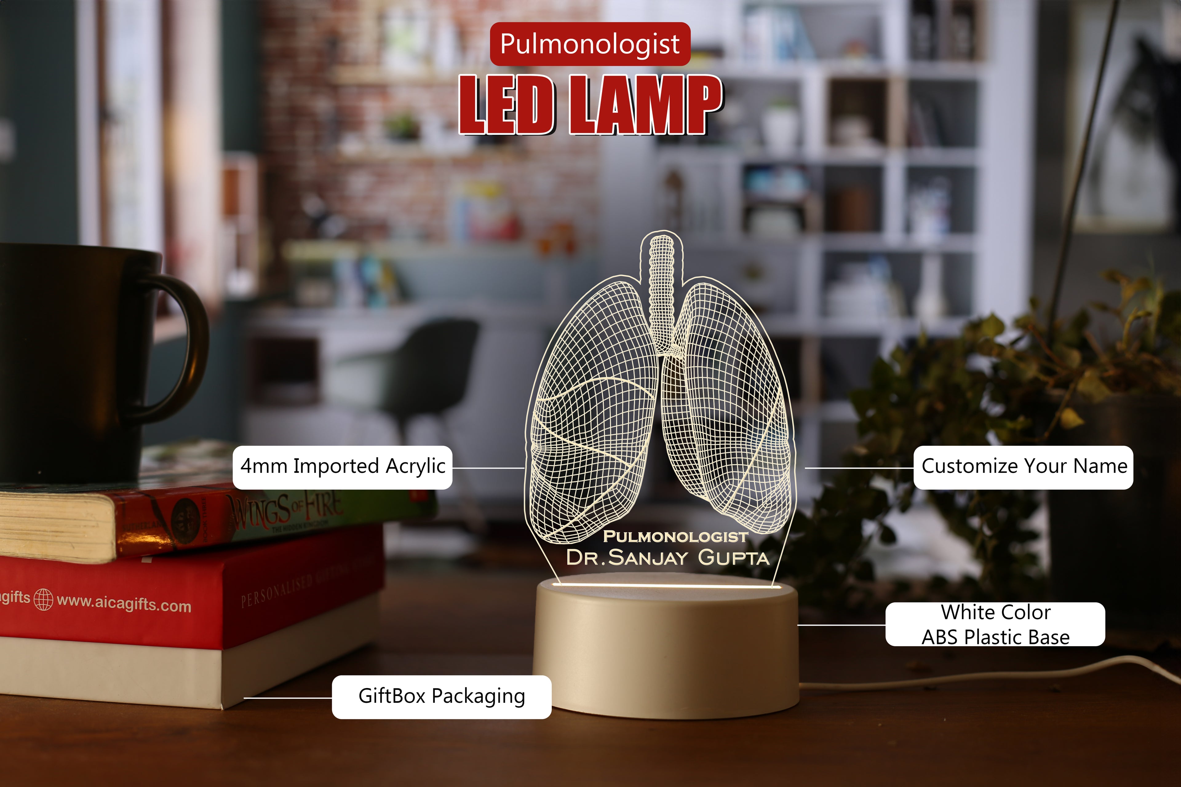 AICA Personalized Name Pulmonologist Doctor (Lungs Specialist Doctor) LED Table Lamp (White Base) | Customized Birthday Thank You Graduation Gifts for Pulmonologist Doctor Dr Male Female Men Women