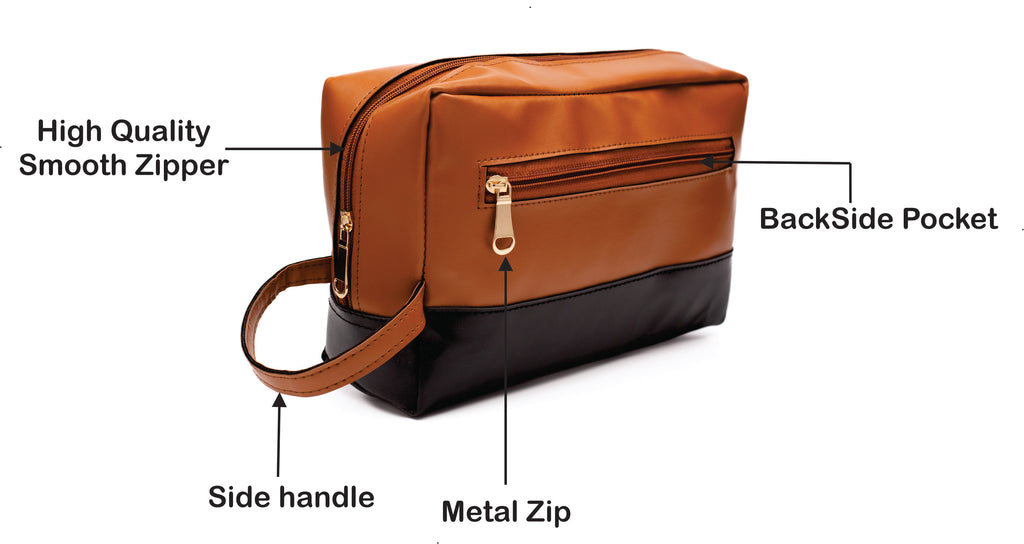 Personalized  Leather Dual Color - Toiletry Pouch  – TanBrown & Black