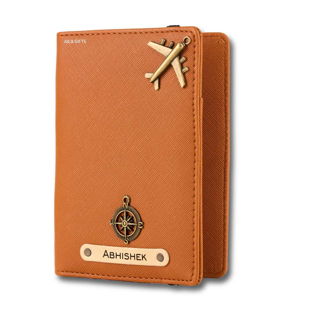 AICA Personalized Name & Charm Leather Passport Cover with 4 Card Slots, Secure Band & Boarding Pass Slot for Men & Women | Travel Passport Holder (Tanbrown)
