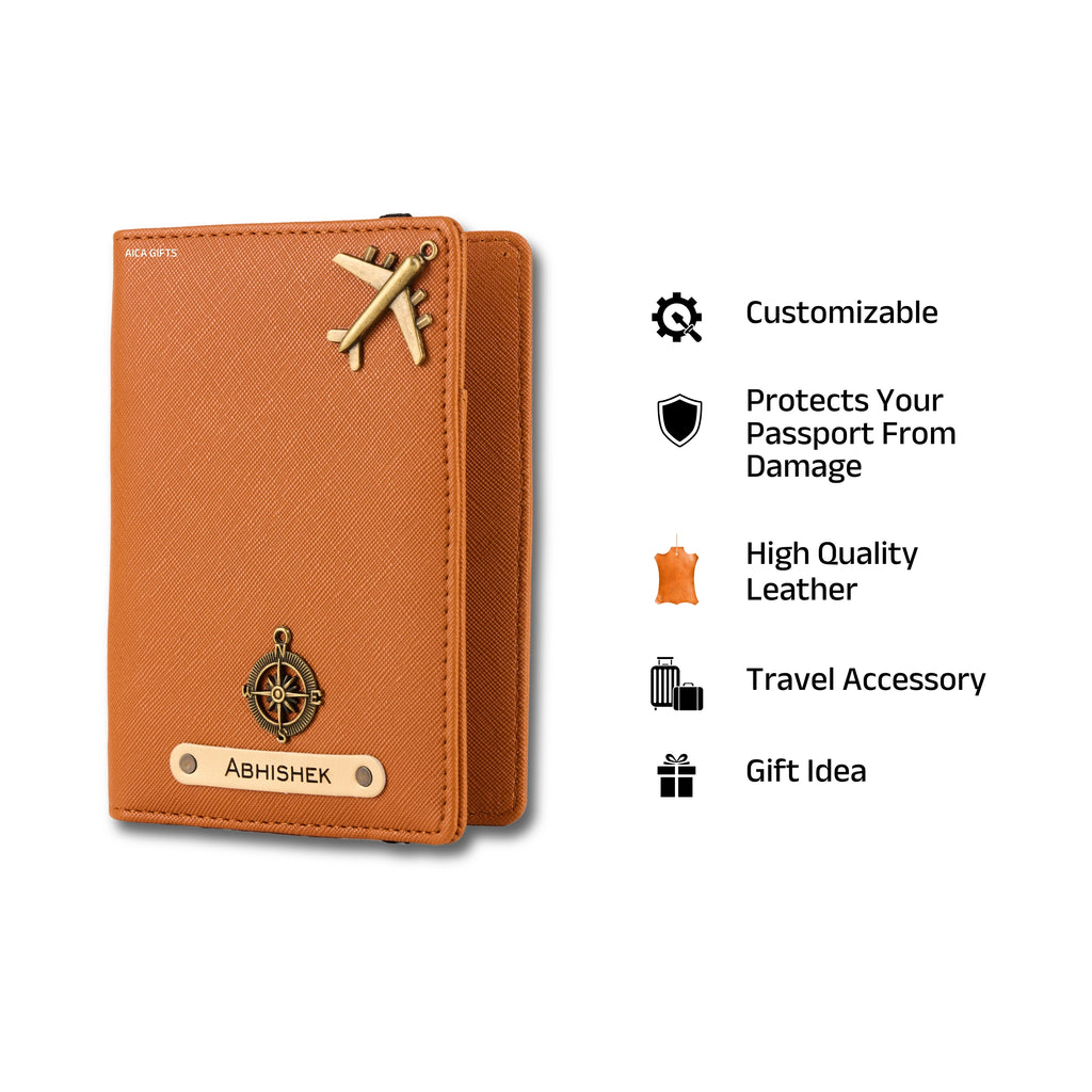 AICA Personalized Name & Charm Leather Passport Cover with 4 Card Slots, Secure Band & Boarding Pass Slot for Men & Women | Travel Passport Holder (Tanbrown)