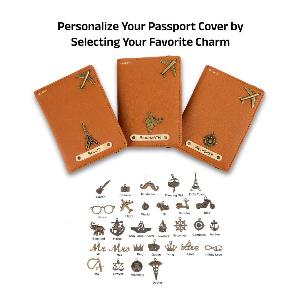 AICA Personalized Name & Charm Leather Passport Cover with 4 Card Slots, Secure Band & Boarding Pass Slot for Men & Women | Travel Passport Holder (Tanbrown)