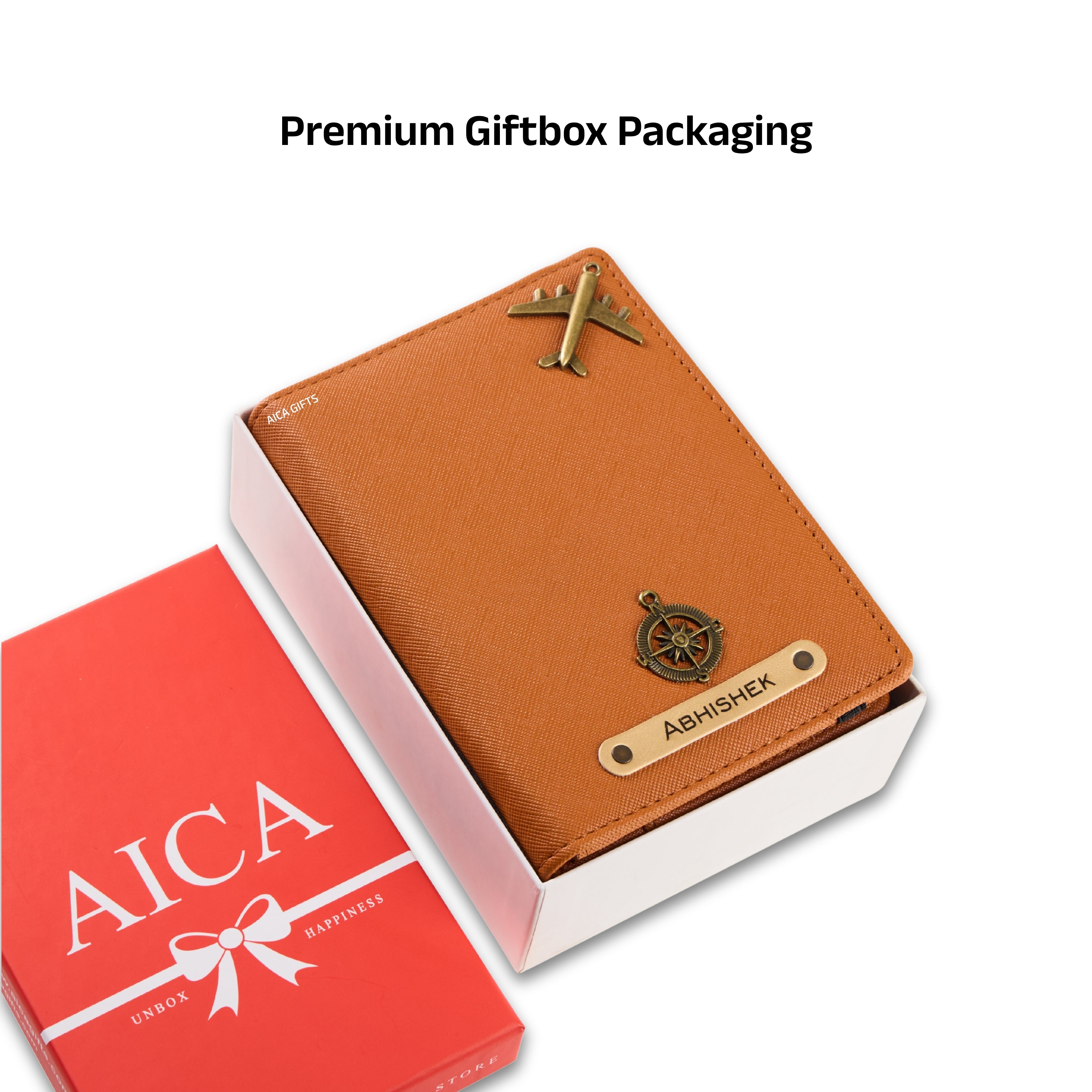 AICA Personalized Name & Charm Leather Passport Cover with 4 Card Slots, Secure Band & Boarding Pass Slot for Men & Women | Travel Passport Holder (Tanbrown)