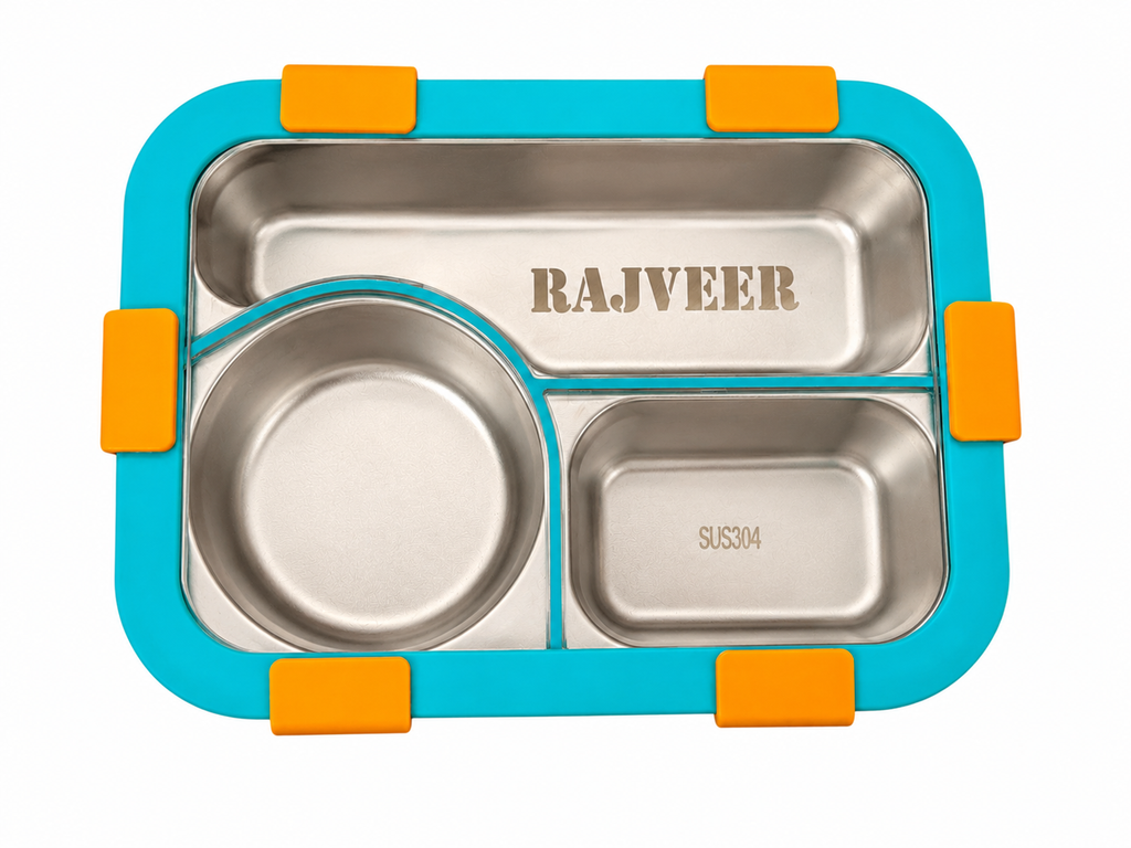 AICA Personalized Name Engraved 650 ML Stainless Steel Lunch Box for Kids | BPA Free | 3 Compartment Leakproof | Hidden Spoon Storage | Keeps Food Warm & Separate | Lunch Box for Boy & Girl (Yellow)