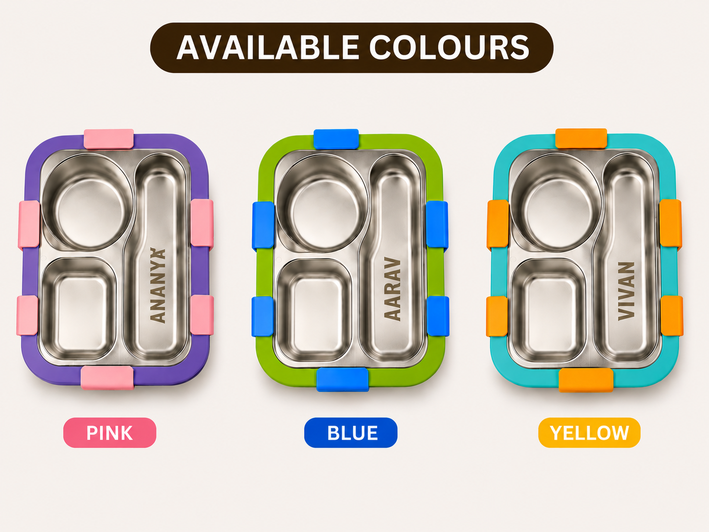 AICA Personalized Name Engraved 650 ML Stainless Steel Lunch Box for Kids | BPA Free | 3 Compartment Leakproof | Hidden Spoon Storage | Keeps Food Warm & Separate | Lunch Box for Boy & Girl (Pink)